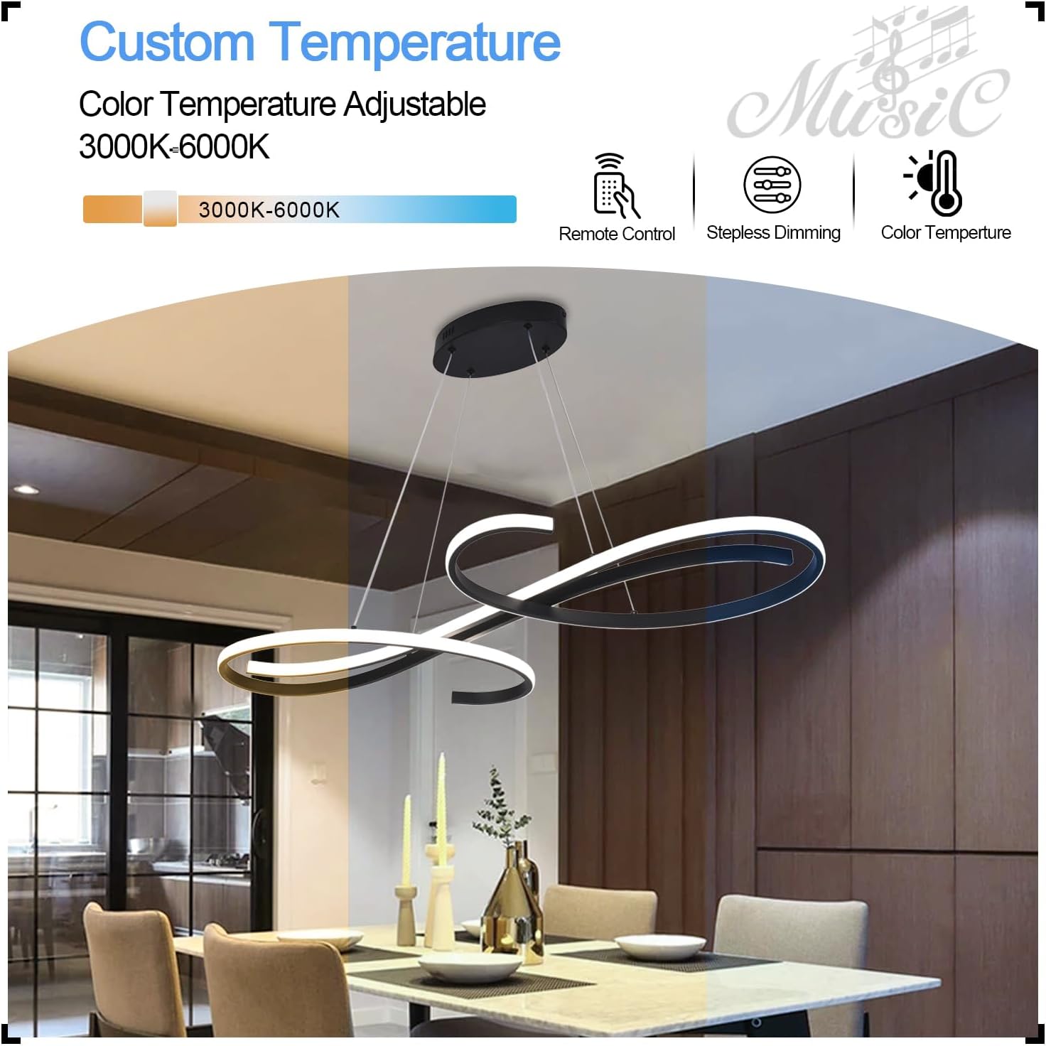 Lampadario a Sospensione Moderno Dimmerabile, Nero - immagine 4