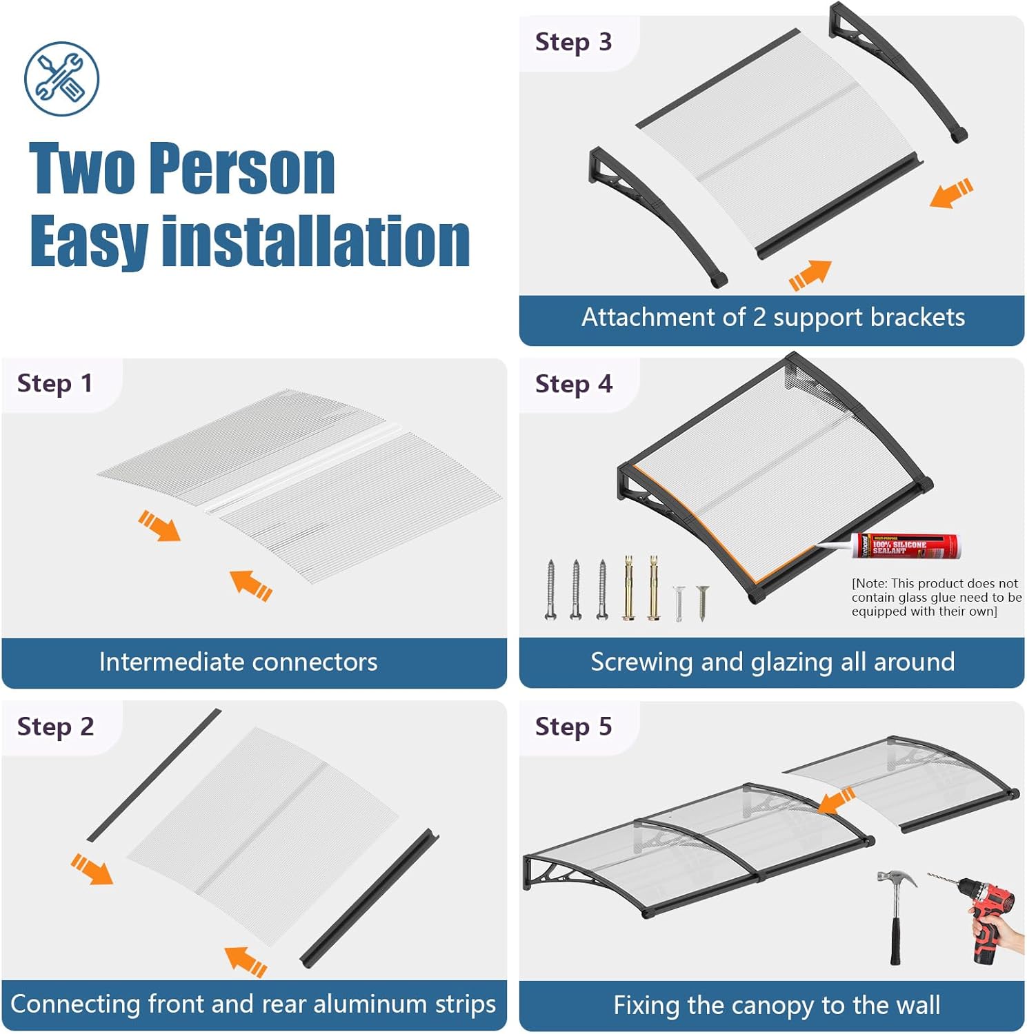Pensilina Tettoia da Esterno 200x80 cm in Policarbonato - immagine 6