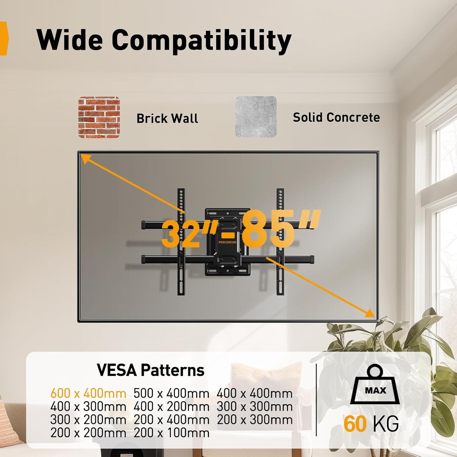 Perlegear Supporto TV Parete 32-85 Pollici, 60kg - immagine 2