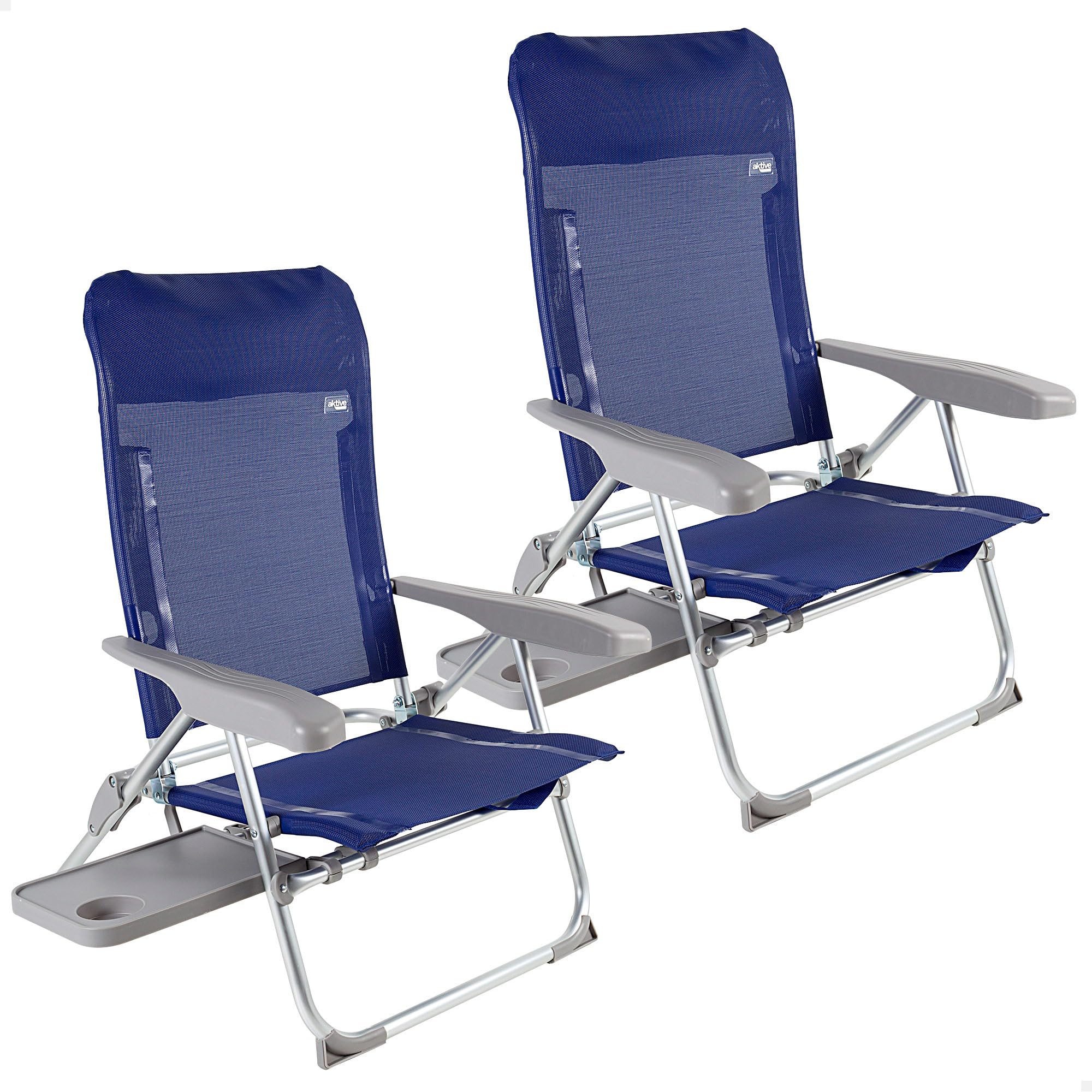 AKTIVE Confezione da 2 sedie da spiaggia piegate piatte, molto compatte, multiposizione, 6 posizioni, con cuscino e tavolo, maniglie per un facile trasporto, misure 47 x 57 x 89 cm, in alluminio e