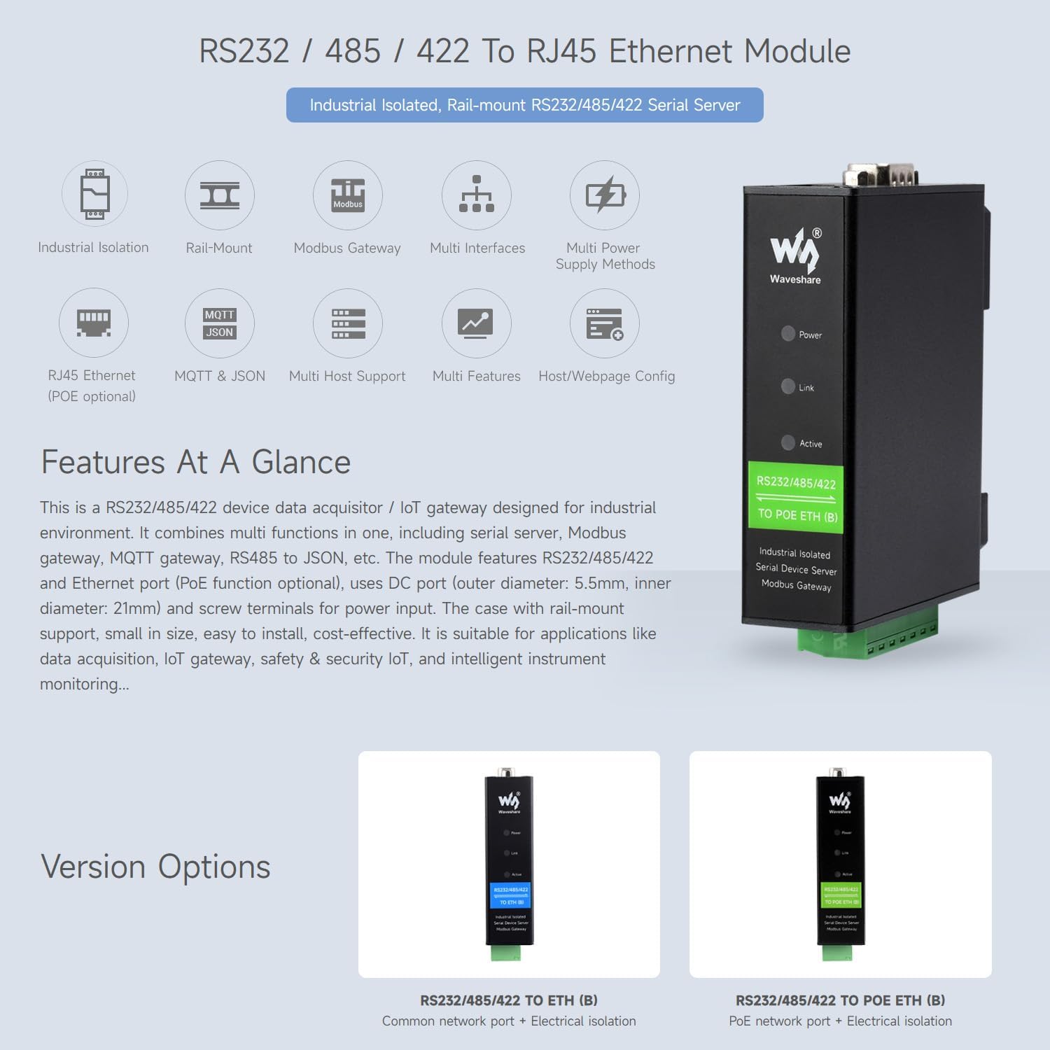 Waveshare Rail-Mount Serial Server RS232/485/422 - immagine 3