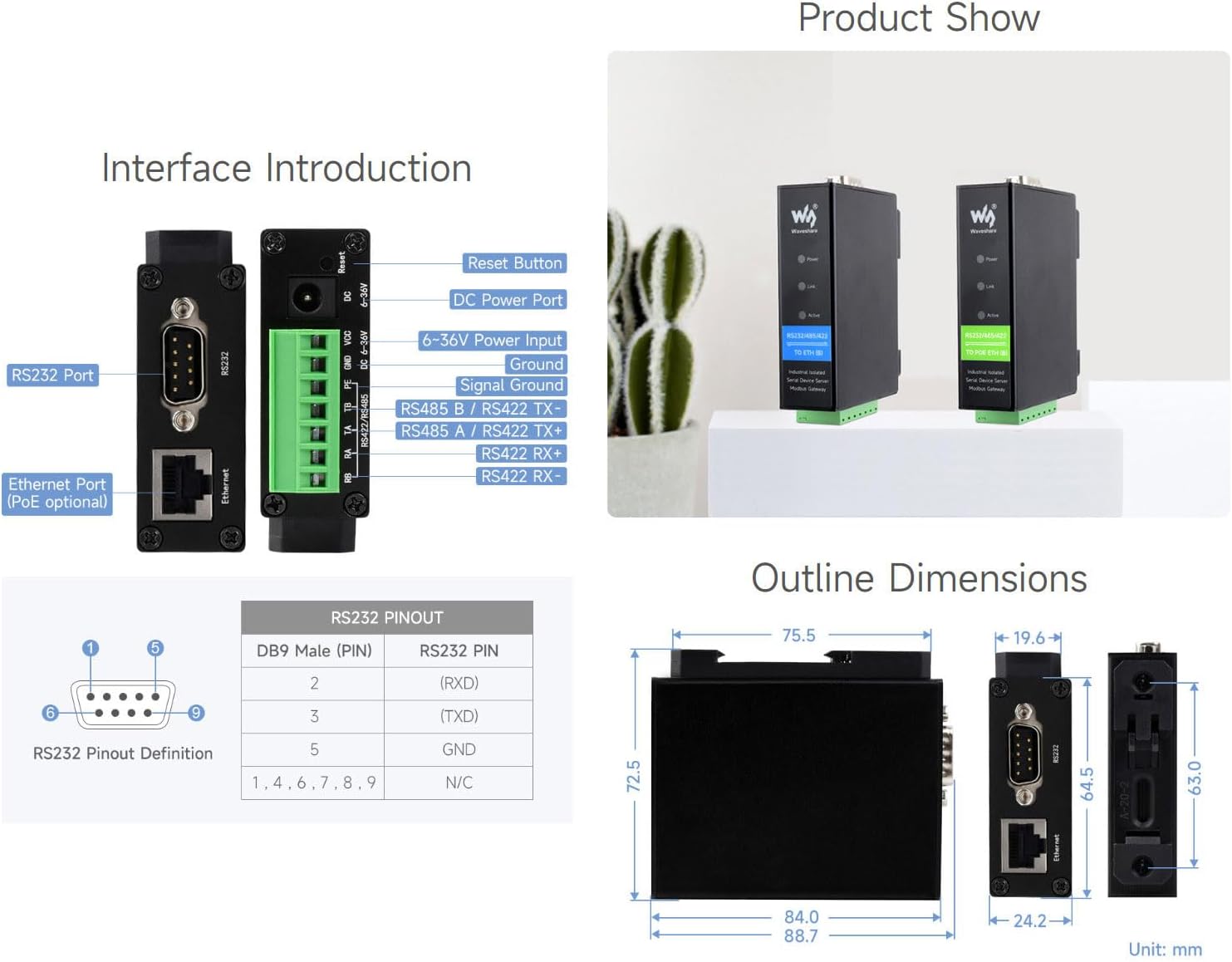 Waveshare Rail-Mount Serial Server RS232/485/422 - immagine 8