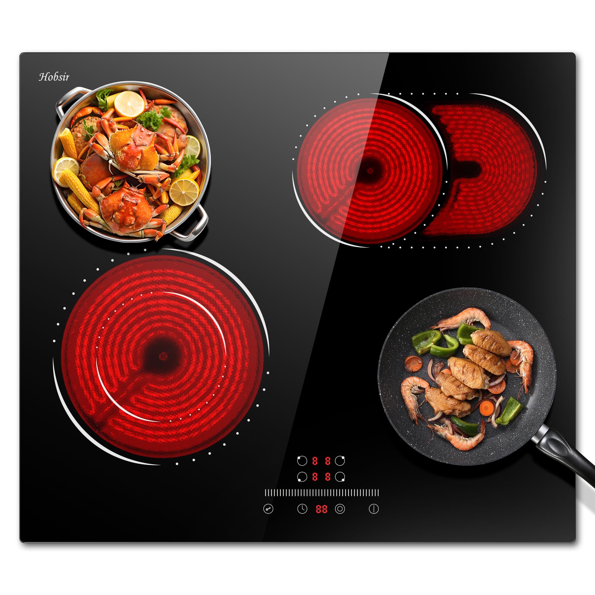 Hobsir hob 4 Zonen Piano Cottura Vetroceramica 4 Fuochi, Piano Cottura Elettrico in Vetroceramica con Zona Ovale, Piano Cottura Elettrico 59cm, Controllo a Scorrimento