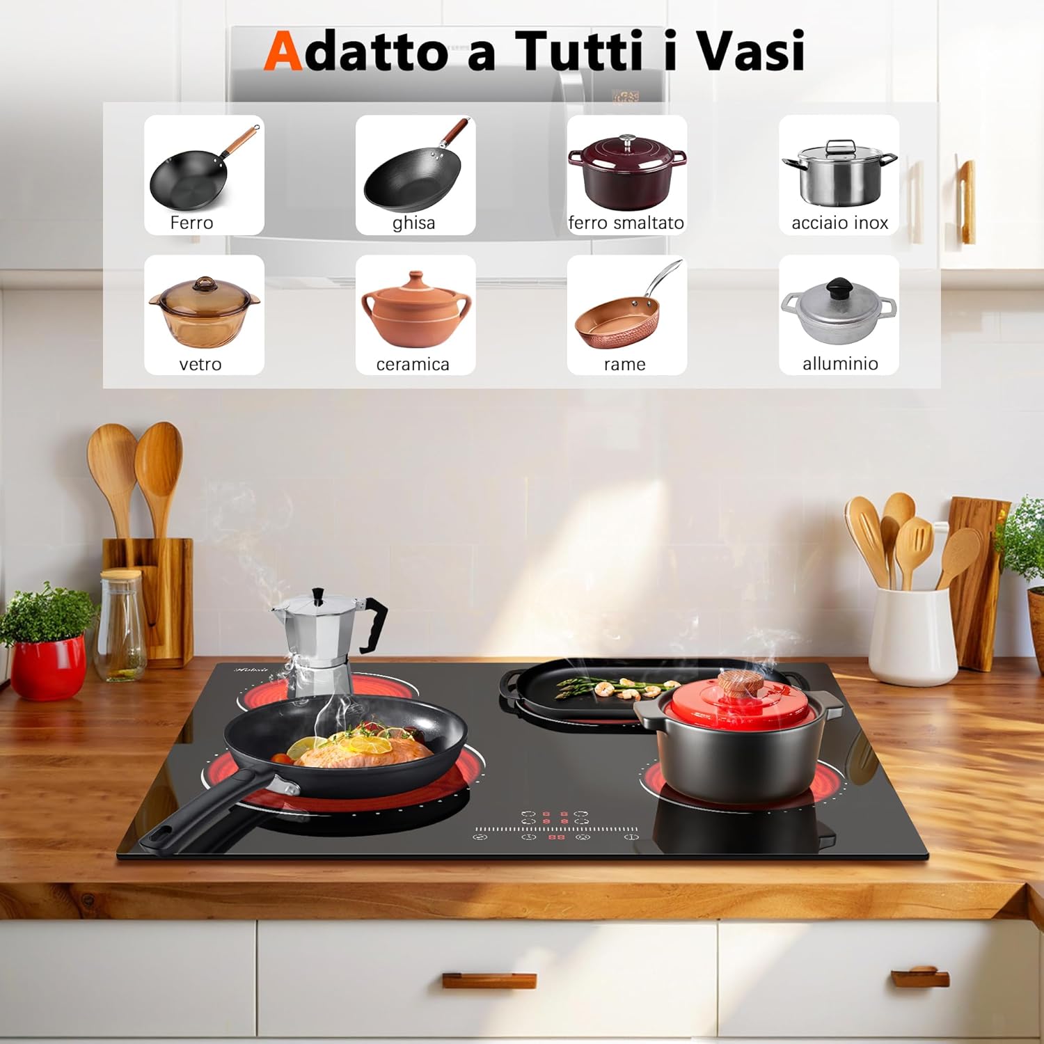 Hobsir hob 4 Zonen Piano Cottura Vetroceramica 4 Fuochi, Piano Cottura Elettrico in Vetroceramica con Zona Ovale, Piano Cottura Elettrico 59cm, Controllo a Scorrimento - immagine 3