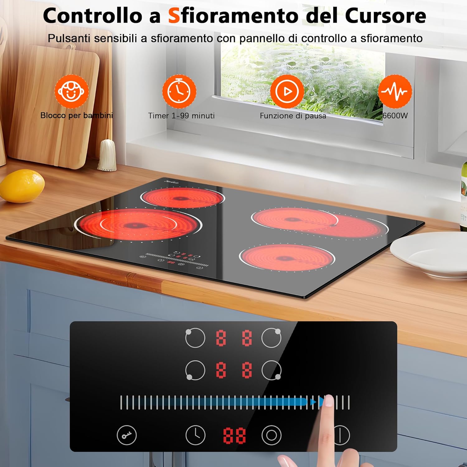 Hobsir hob 4 Zonen Piano Cottura Vetroceramica 4 Fuochi, Piano Cottura Elettrico in Vetroceramica con Zona Ovale, Piano Cottura Elettrico 59cm, Controllo a Scorrimento - immagine 4