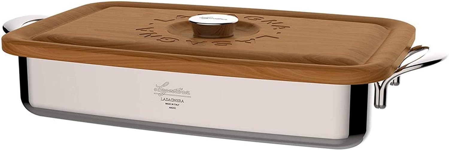 Lagostina Patrimonio Lasagnera per Forno con Coperchio di Legno di Ciliegio, Acciaio Inox e Legno, 50x28 cm