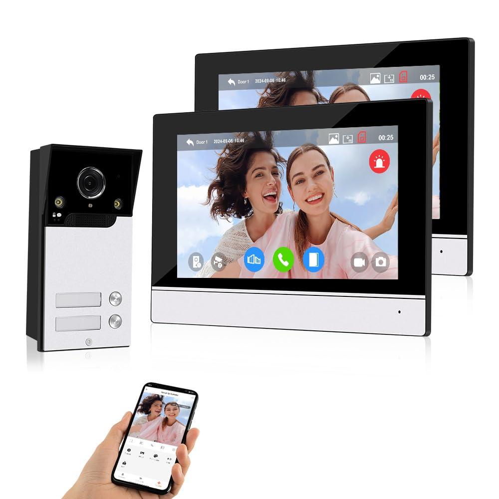 WiFi Video Sistema Citofono 1080P HD Campanello Telecamera IR Visione Notturna con 2 Monitors a 7 Pollici per 2 Case/Appartamenti, Audio a 2 Vie, Registrazione, APP Tuya Smart