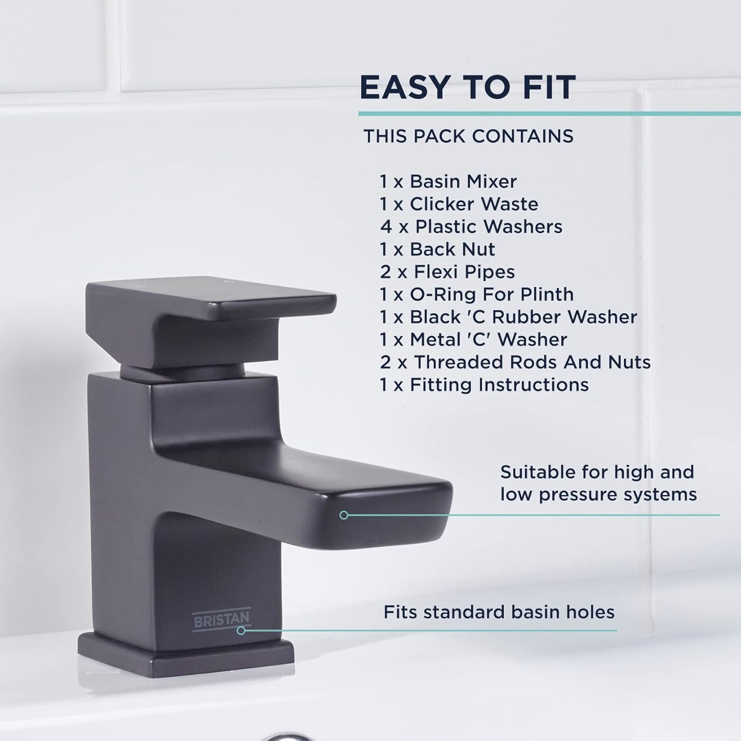 Bristan Miscelatore per lavabo Cobalto con piletta, Nero - immagine 5