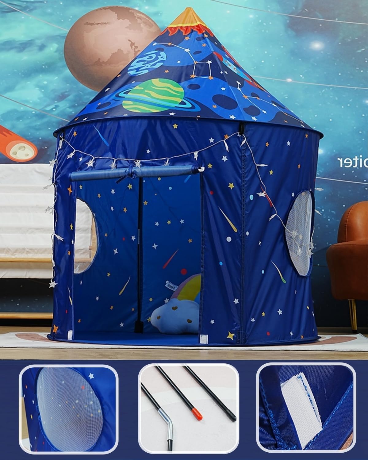 Benebomo Tenda da Gioco a Razzo Spaziale Blu Pop-Up - immagine 3