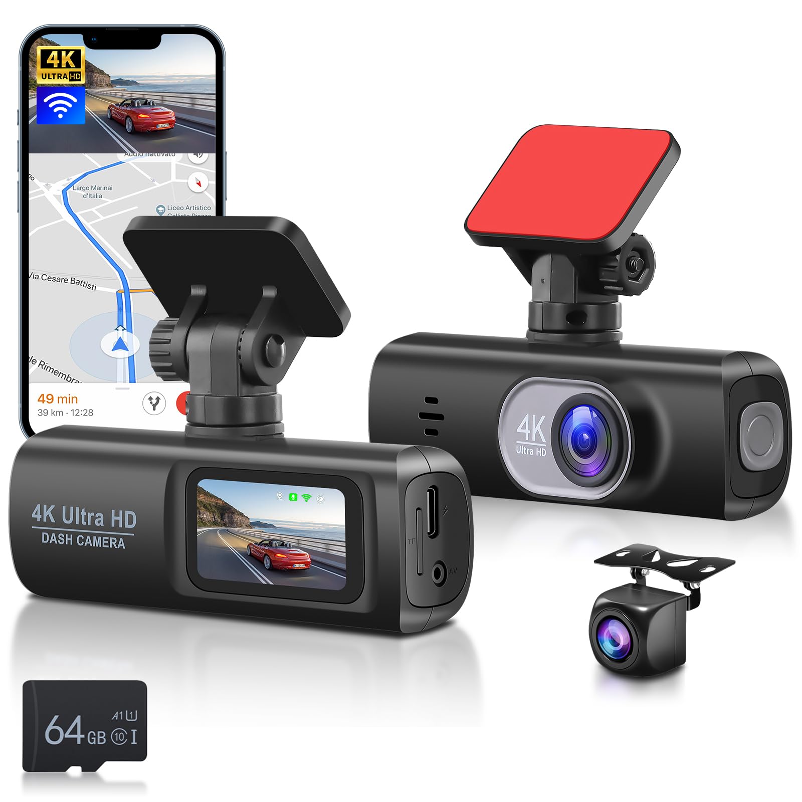 Hodozzy Dash Cam Auto 4K Anteriore e Posteriore 64GB