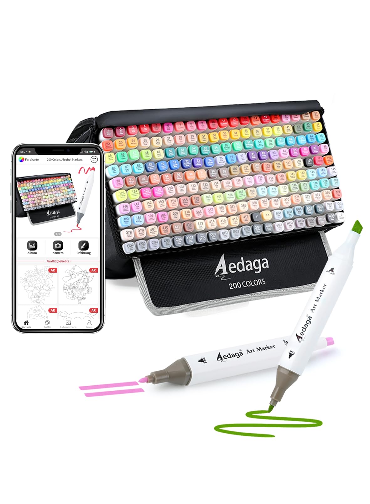 Pennarello alcolico con app, pennarello alcolico con custodia, 200 colori a doppia punta, pennarello alcool per adulti, pittura, schizzi e disegno