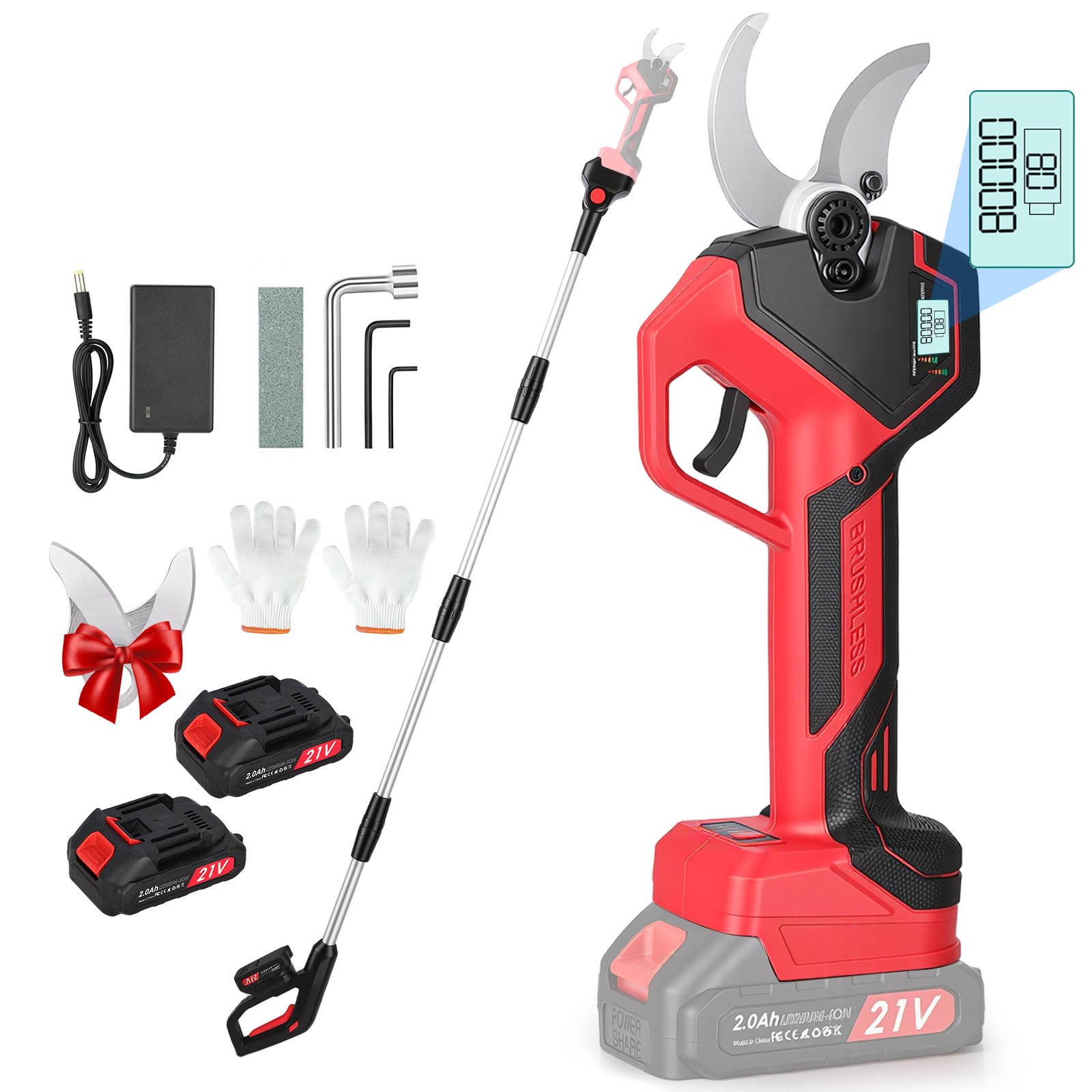 Forbici Potatura a Batteria con Asta Telescopica 2,4m: 40mm Forbice Potatura a Batteria con Motore Brushless, 2 Batterie da 2000mAh 21V, Cesoie a Batteria per Potatura per Ulivi, Vigneti, Giardino