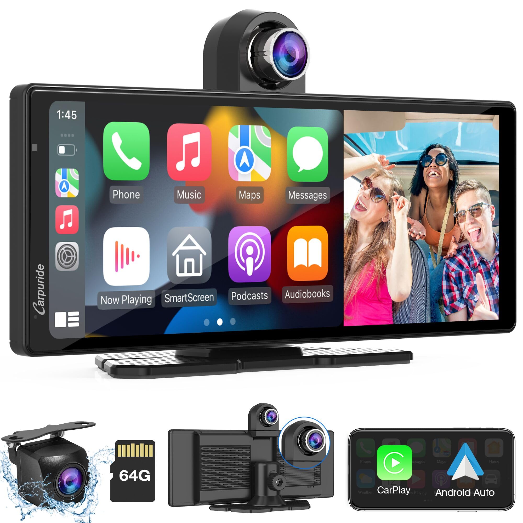 2025 CARPURIDE W903 Console Multimediale Portatile Carplay e Android Auto Smart con Videocamera Anteriore e di Backup da 4K, Registrazione in Loop, Audio Bluetooth, Mirror Link, GPS, Siri
