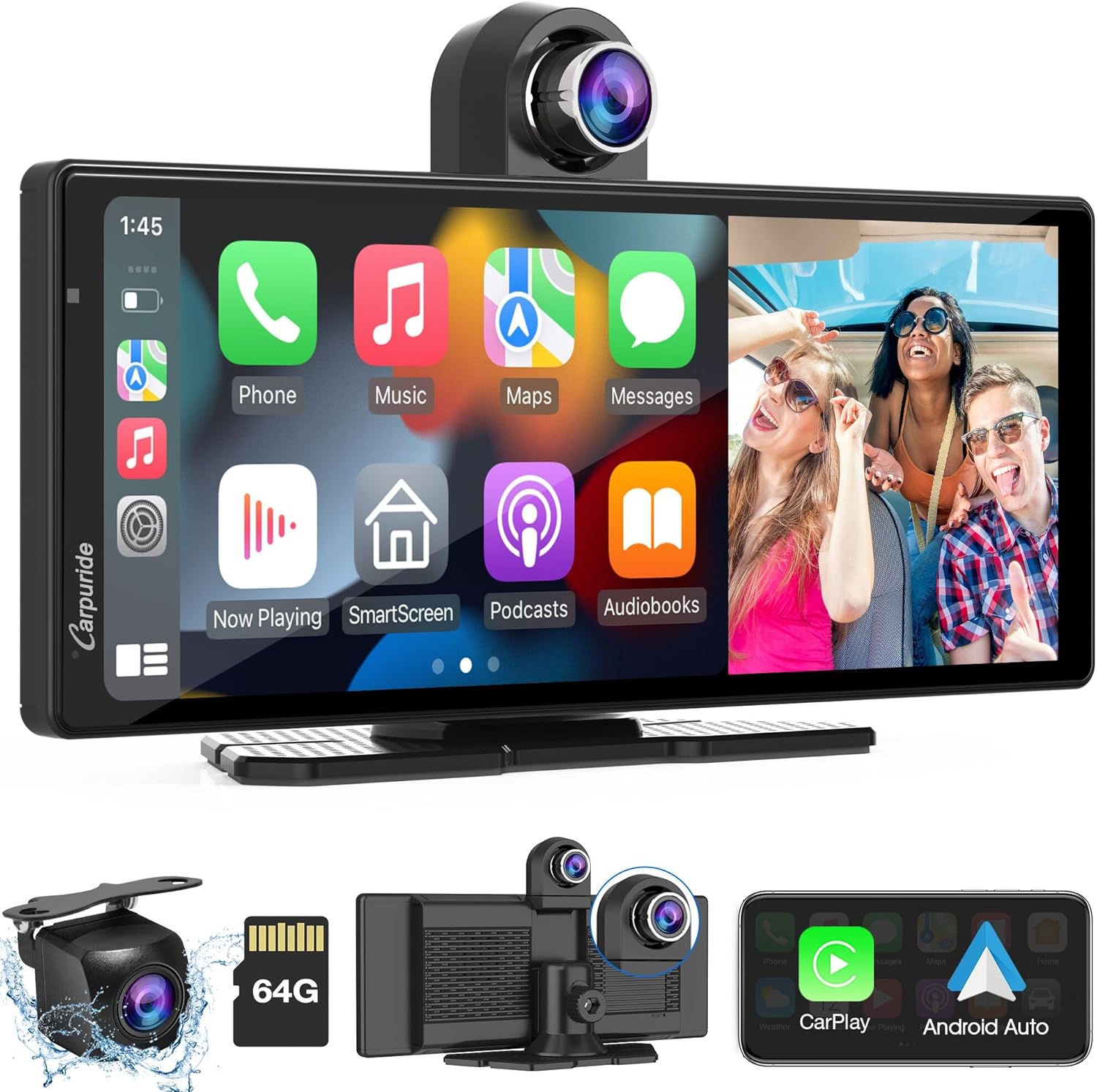 2025 CARPURIDE W903 Console Multimediale Portatile Carplay e Android Auto Smart con Videocamera Anteriore e di Backup da 4K, Registrazione in Loop, Audio Bluetooth, Mirror Link, GPS, Siri - immagine 1