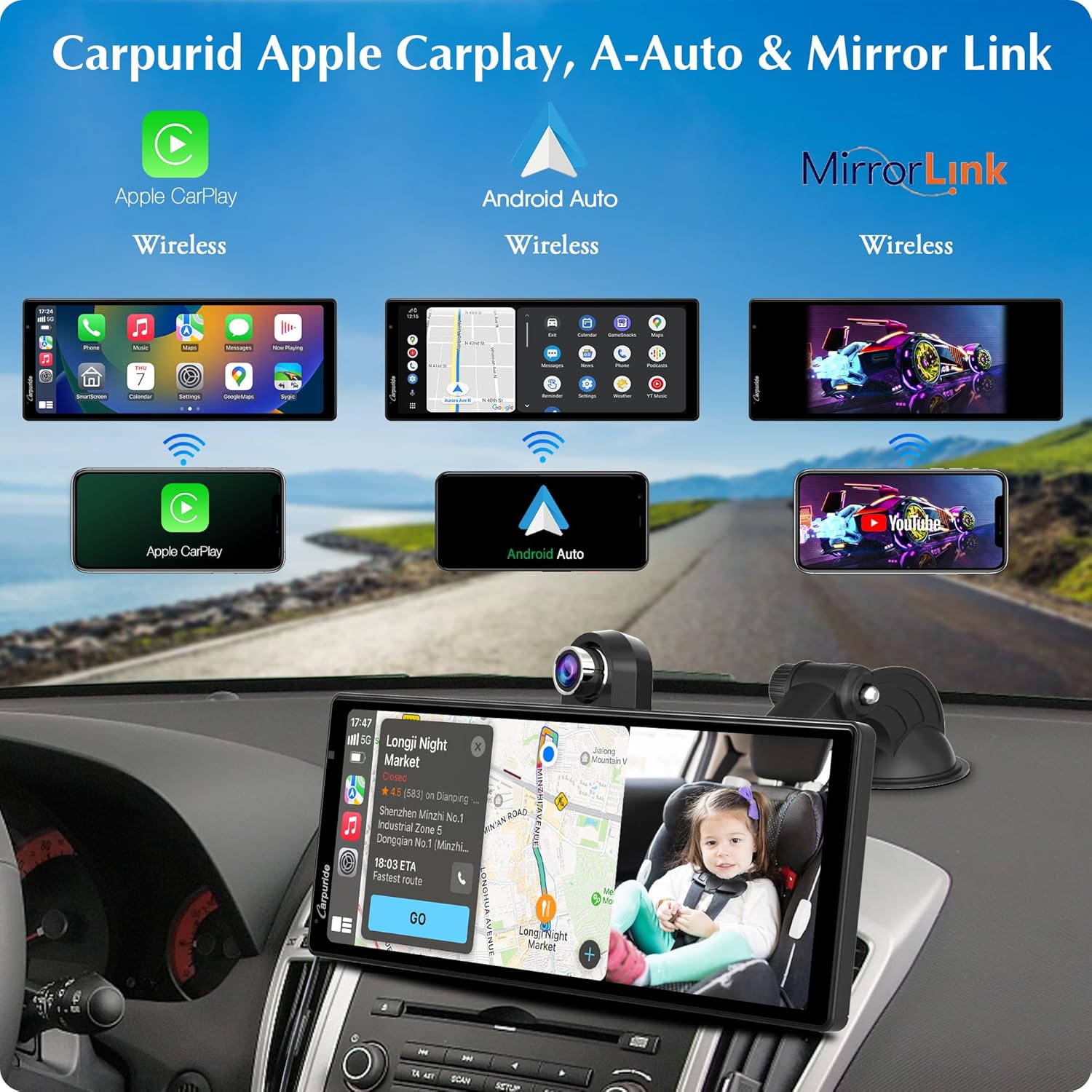 2025 CARPURIDE W903 Console Multimediale Portatile Carplay e Android Auto Smart con Videocamera Anteriore e di Backup da 4K, Registrazione in Loop, Audio Bluetooth, Mirror Link, GPS, Siri - immagine 2