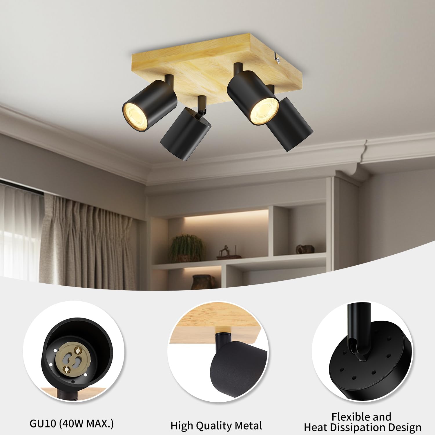 Lvwit Faretti Soffitto Nero Orientabili 4 Attacchi GU10 - immagine 2