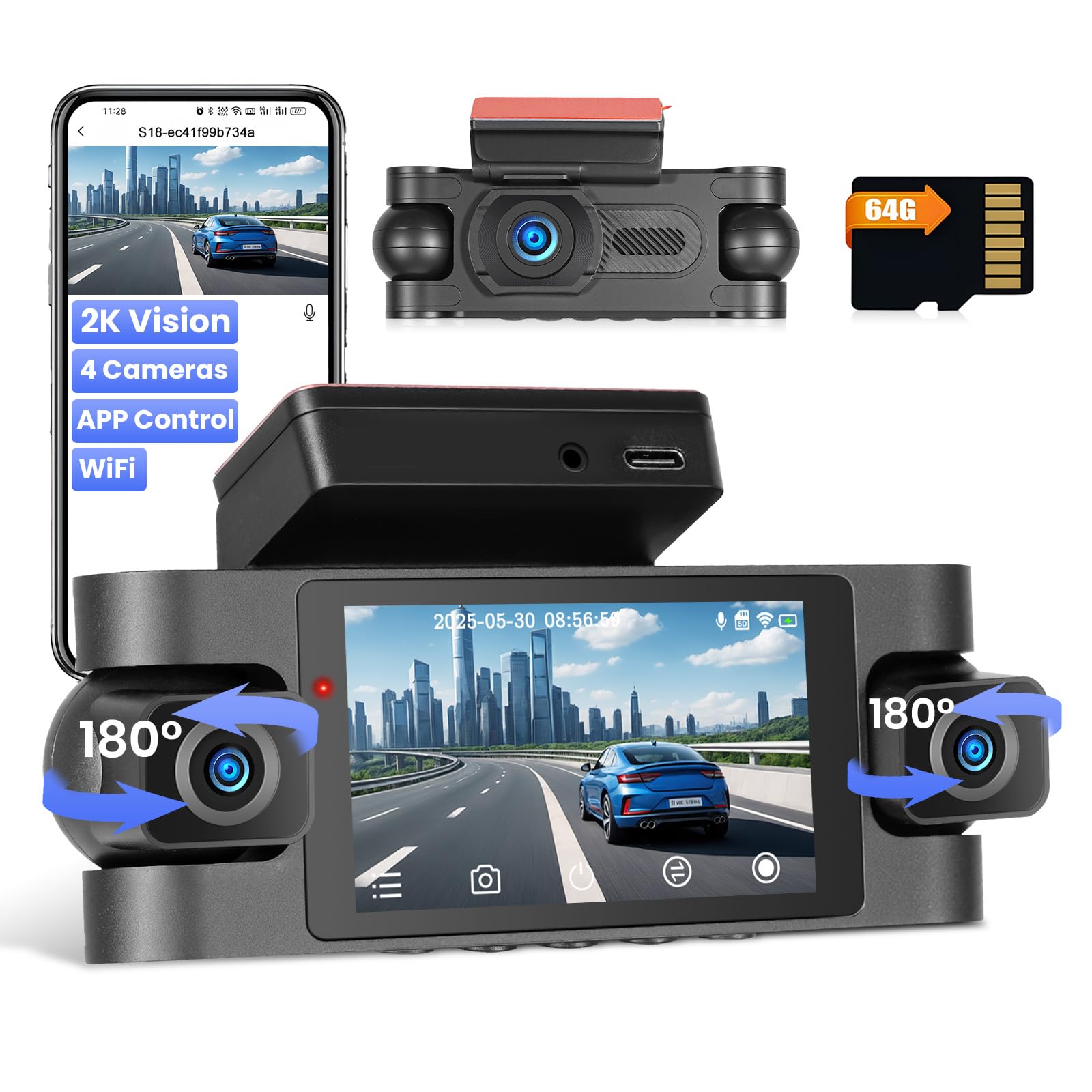 Hikity DashCam a 4 Canali WiFi 2K Anteriore e 1080P Posteriore