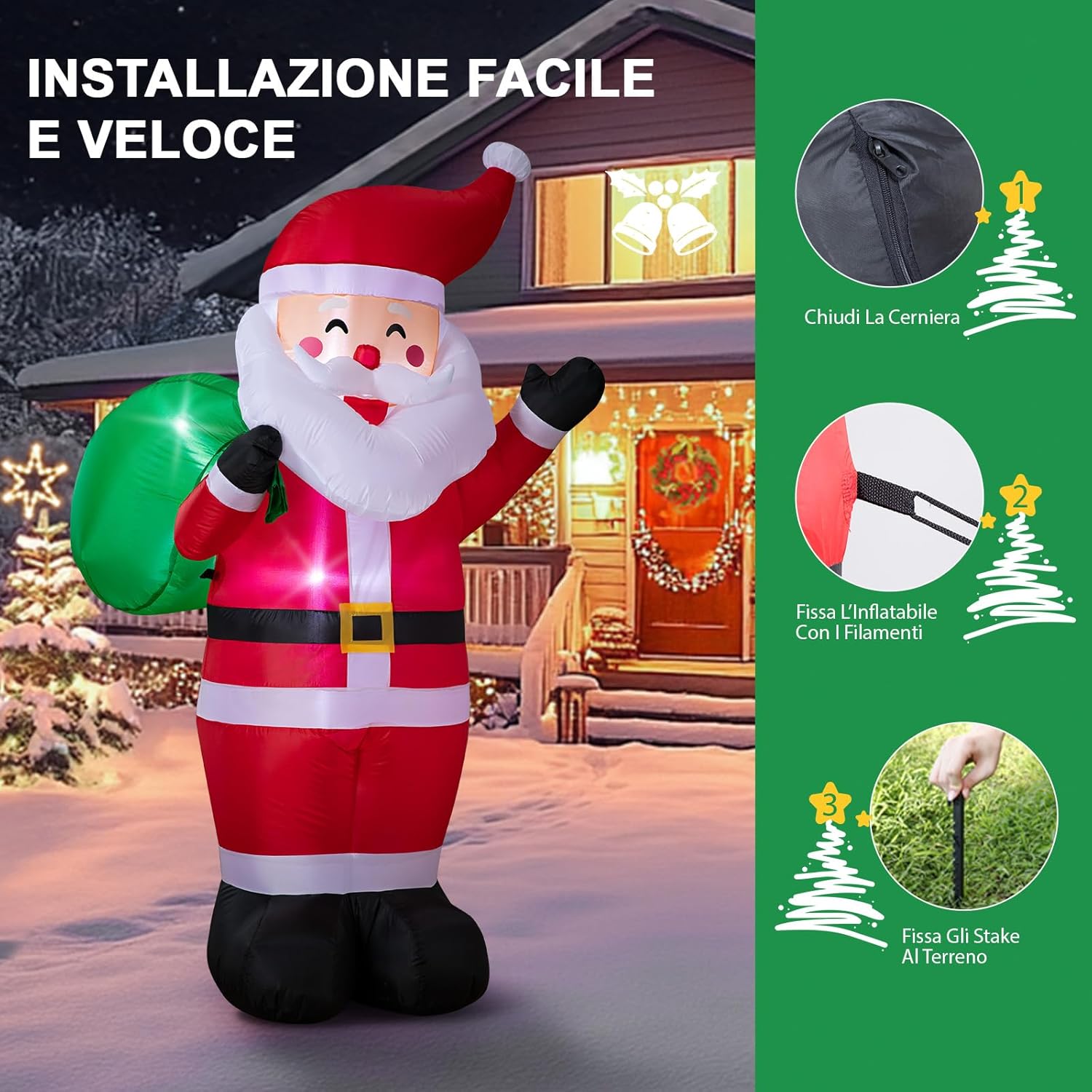 Babbo Natale Gonfiabile con Luci LED 183 cm - immagine 3