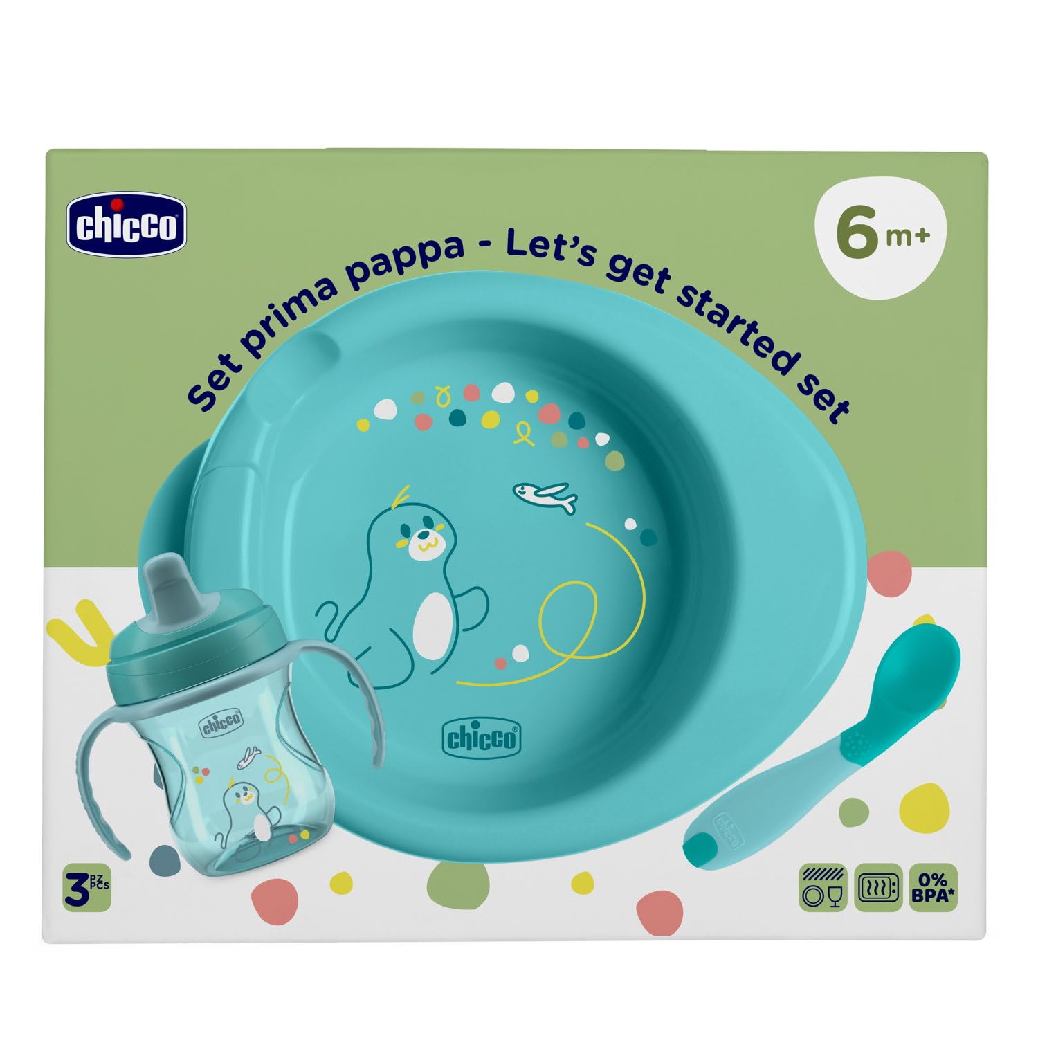Chicco Set Pappa 6 Mesi+ con Tazza, Cucchiaio, Piatto, Azzurro