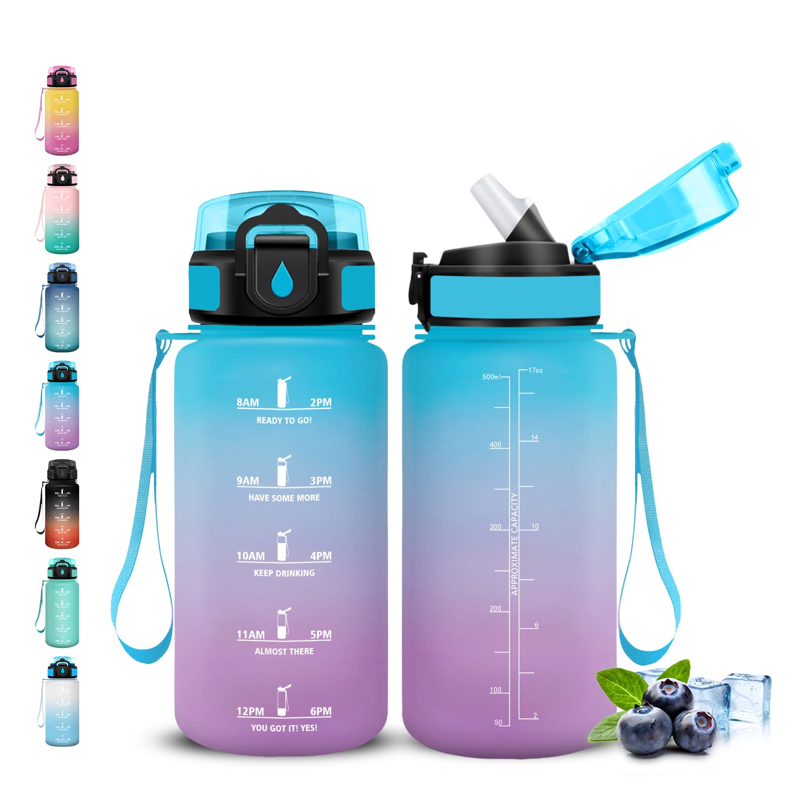 Grsta Borraccia- 0,5 litri- Borraccia Bambini, Bottiglia con Cannuccia, Senza Perdite, Borraccie Motivazionale, Facile da Pulire, Borracce con Chiusura di Sicurezza, per Scuole, Corsa, Viaggio