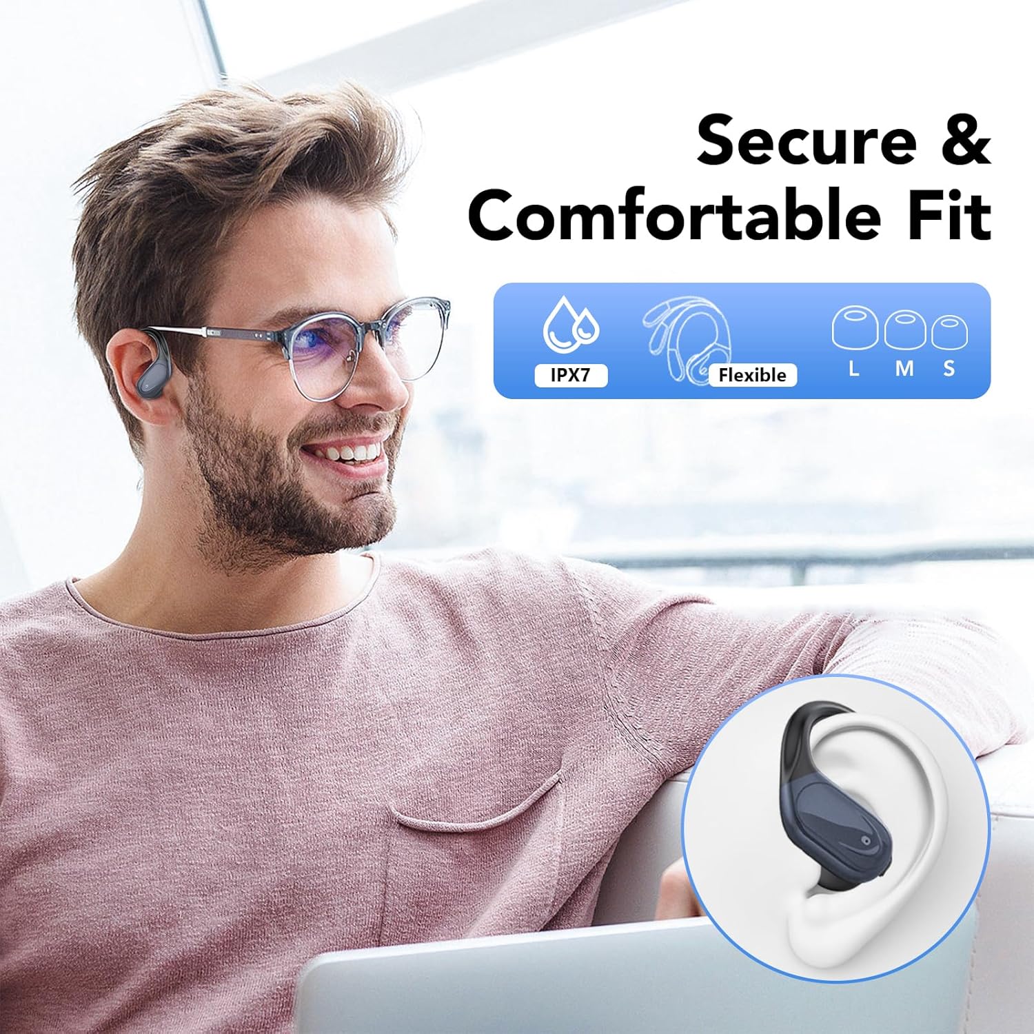 Cuffie Bluetooth Sport 5.3 con Gancio, Nero - immagine 6