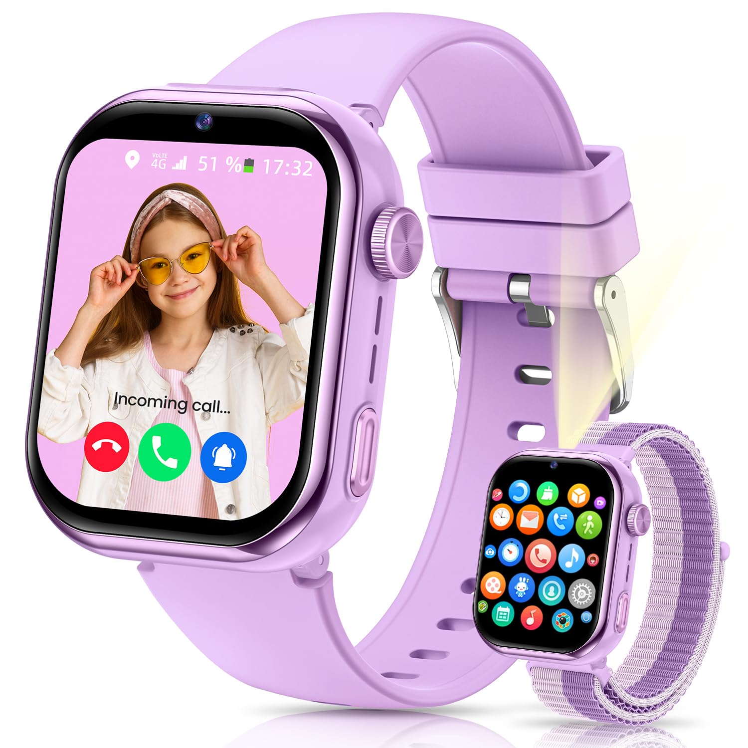 Smartwatch Bambini 4G con GPS e Doppia Fotocamera, Viola