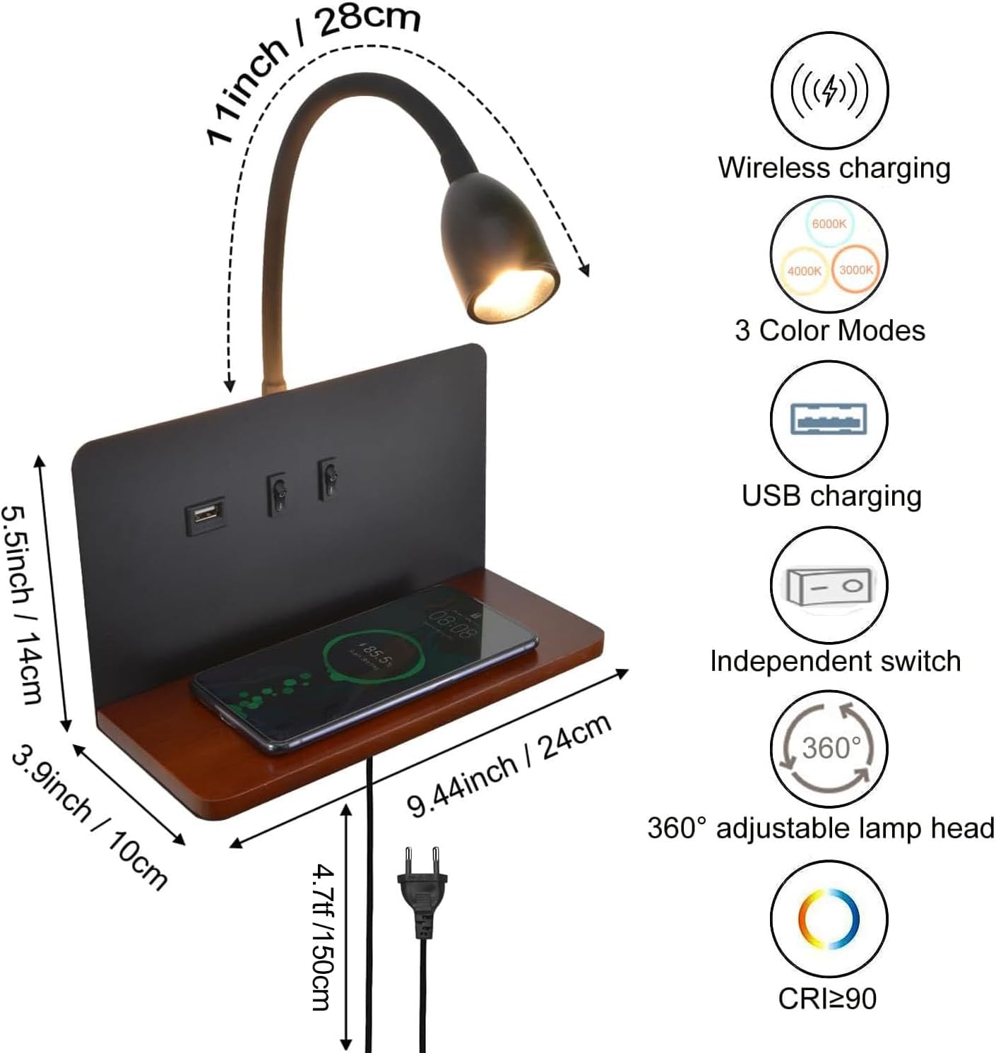 Applique da Parete Interno con USB e Caricatore Wireless - immagine 4