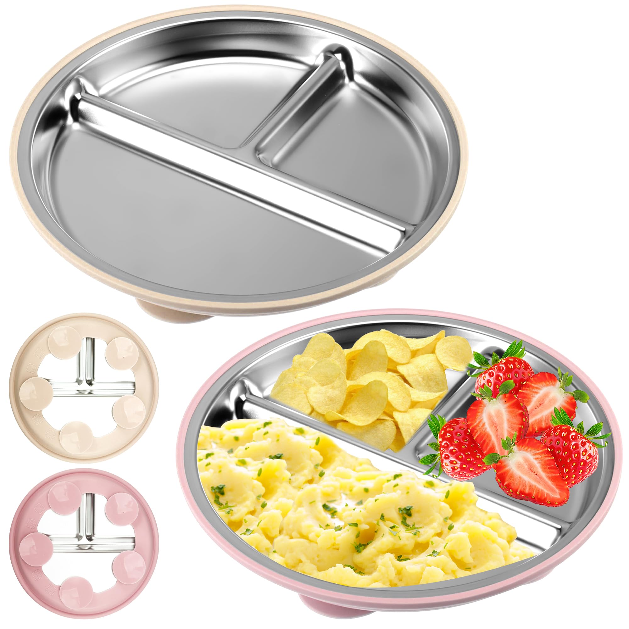 2 piatti per bambini in acciaio inox con ventosa, 22 cm, piatti per bambini con ventosa, senza BPA e con silicone rimovibile, piatti per bambini con suddivisione in acciaio inox antiscivolo