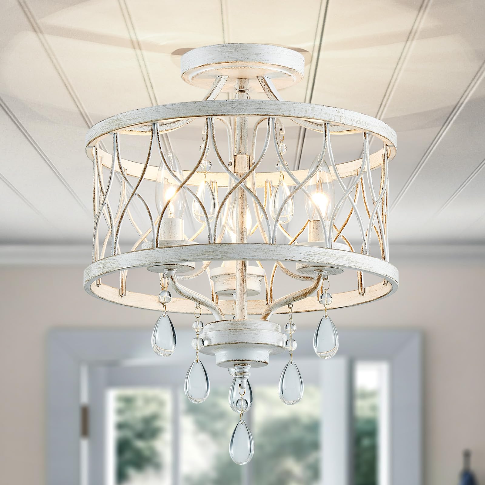 Wuzups Lampadario 3 Luci Vintage Industriale, Bianco Antico