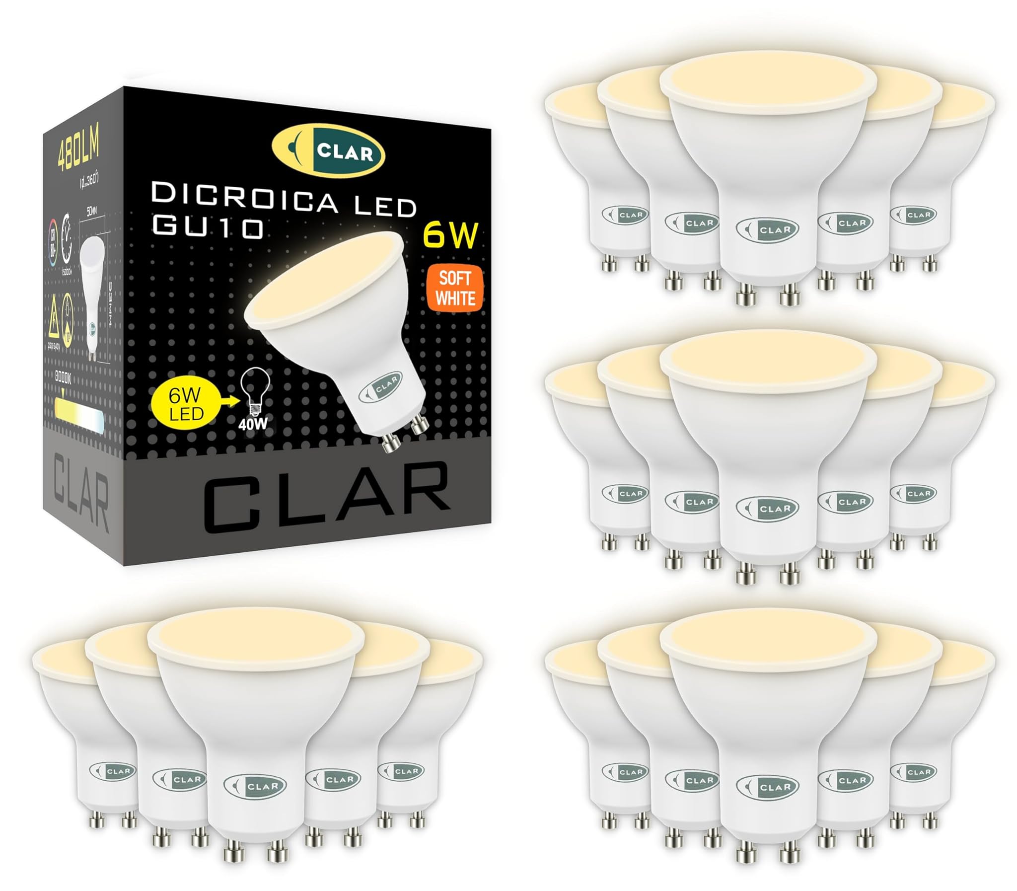 CLAR - GU10 LED 3000K, Luce Calda, 6W, Lampadine a LED (Pack 20)