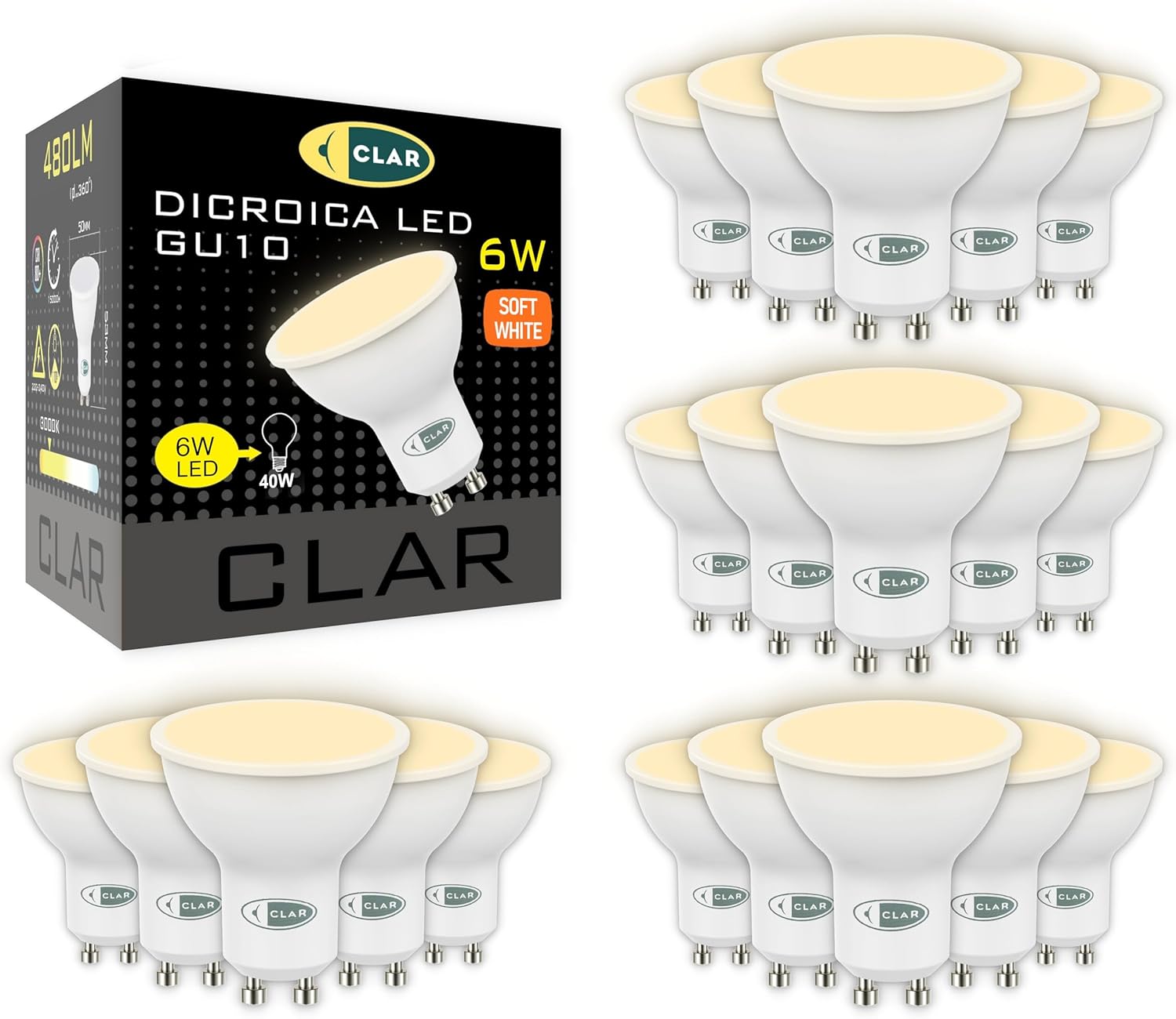 CLAR - GU10 LED 3000K, Luce Calda, 6W, Lampadine a LED (Pack 20) - immagine 1
