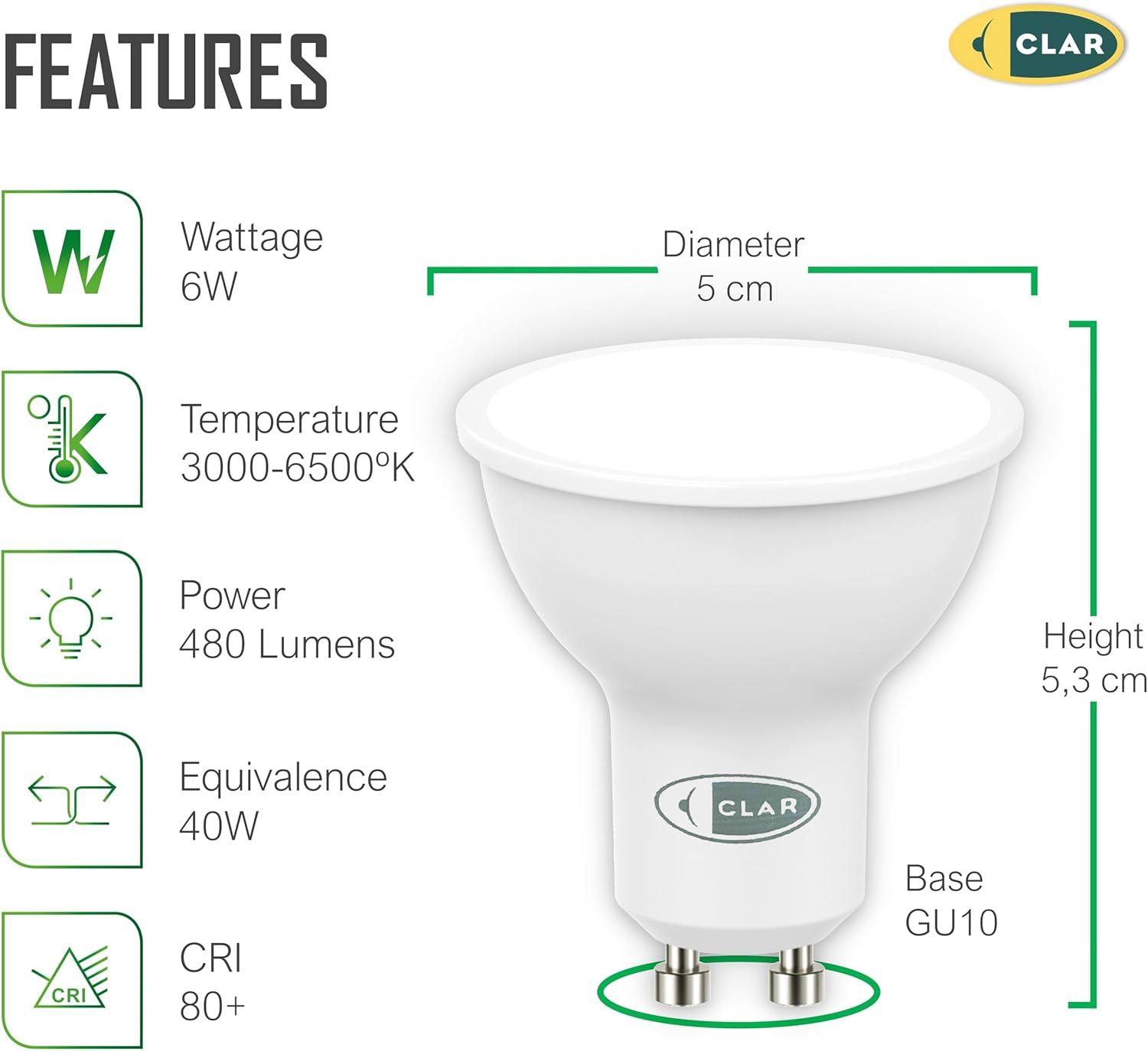 CLAR - GU10 LED 3000K, Luce Calda, 6W, Lampadine a LED (Pack 20) - immagine 2