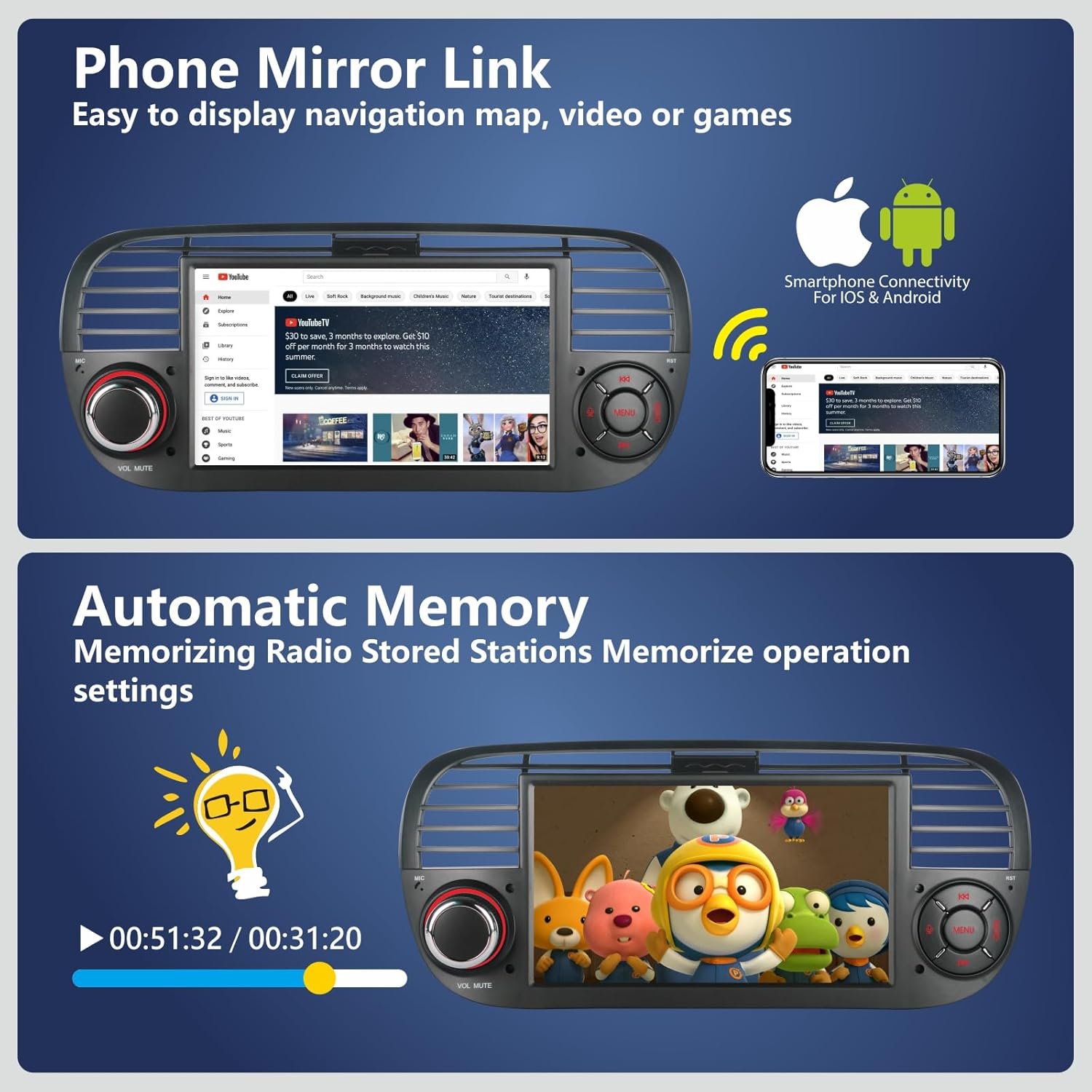 Aphrfamma Autoradio CarPlay/Android Auto per Fiat 500 - immagine 5