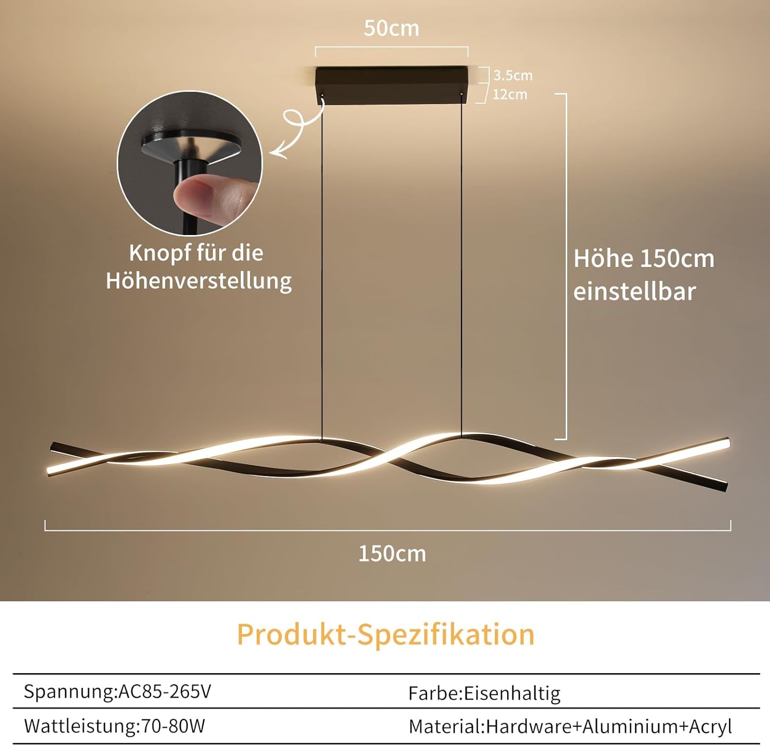 Mikeru Luce a Pendente Onda 150CM, Nera - immagine 2