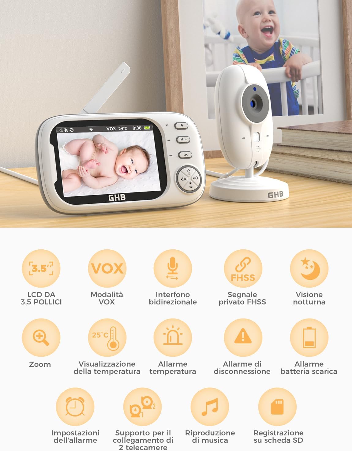 Ghb Baby Monitor Video e Audio 3.5'' 720HD - immagine 2