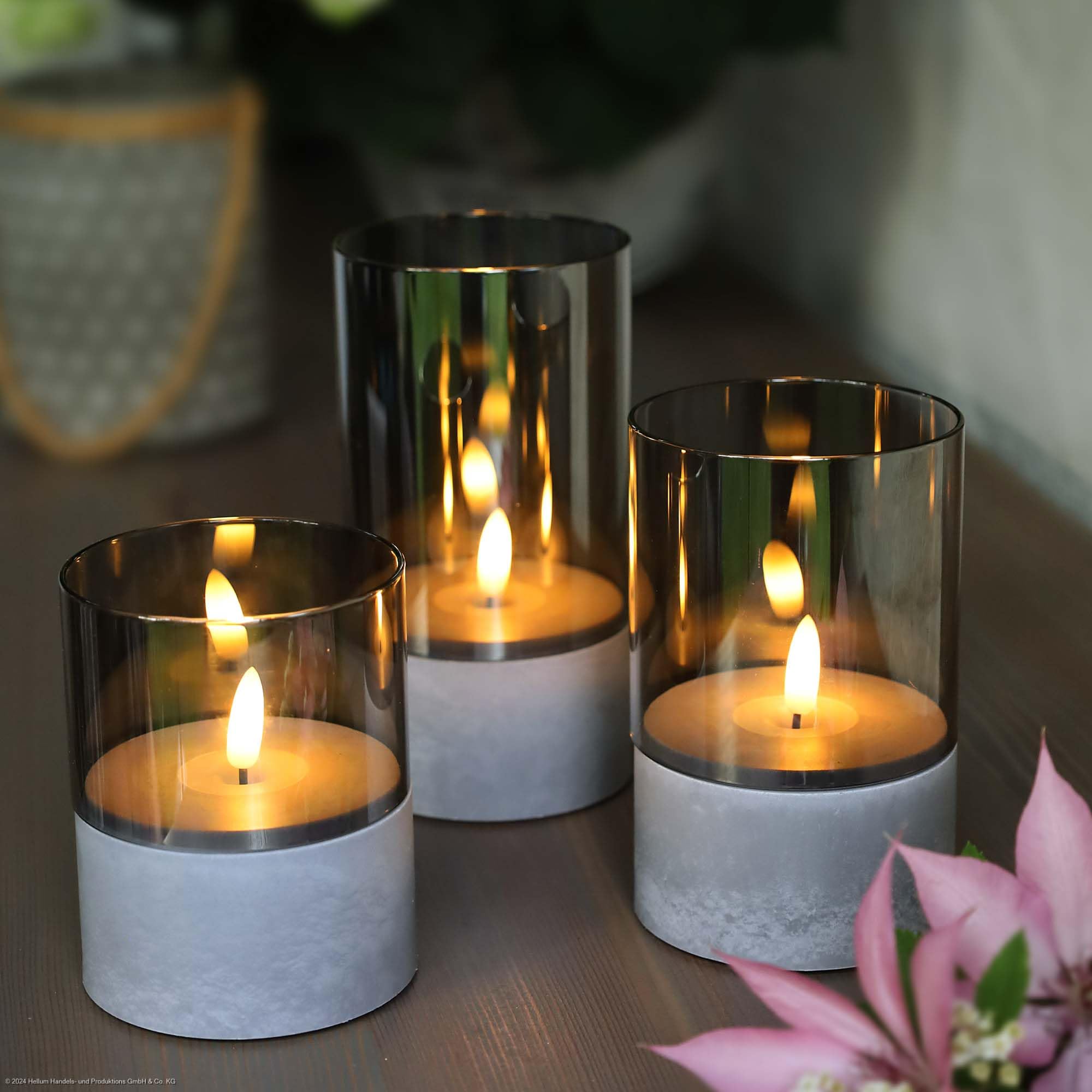 Hellum Candele LED con Funzione Timer, Set da 3, Grigio