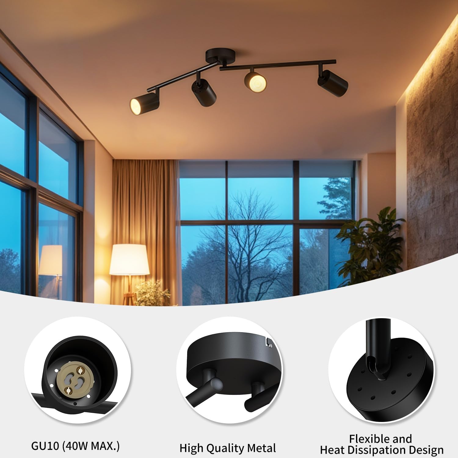 Lvwit Faretti LED da Soffitto Orientabili Nero - 4 Luci - immagine 5