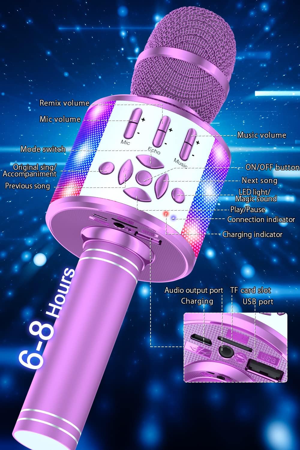 Bonaok Microfono Bluetooth Karaoke Portatile, Viola - immagine 2
