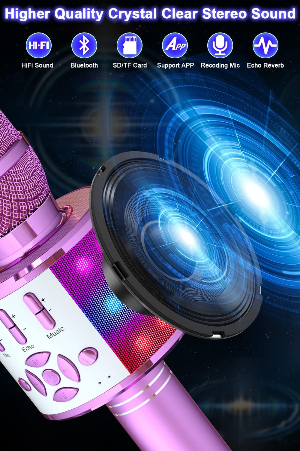 Bonaok Microfono Bluetooth Karaoke Portatile, Viola - immagine 3