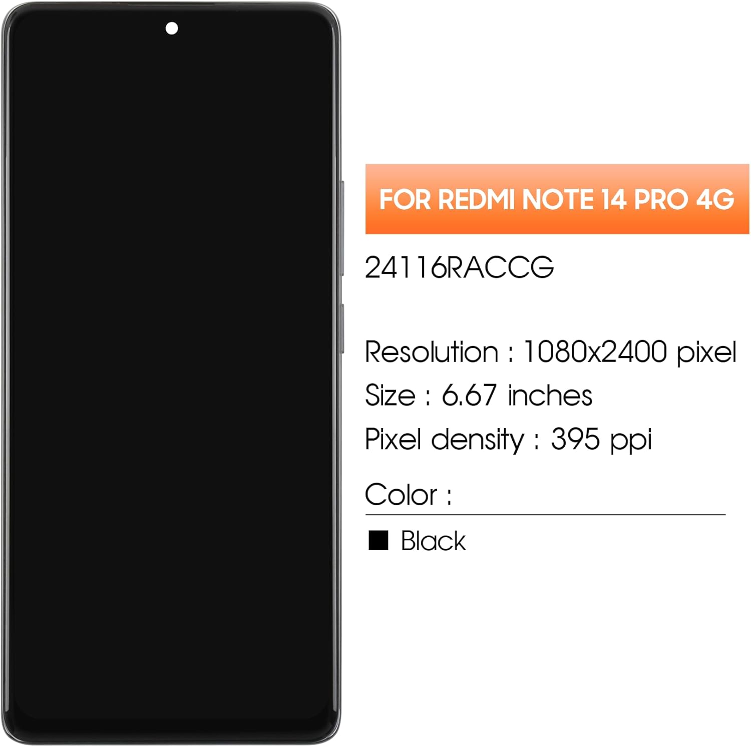 Schermo LCD per Redmi Note 14 Pro 4G 6.67 pollici, Nero - immagine 2