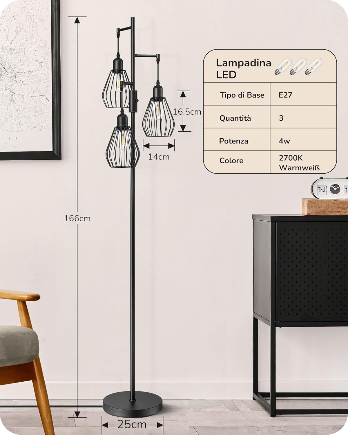 EDISHINE Lampada da Terra Industriale 3 LED E27, 166cm - immagine 5