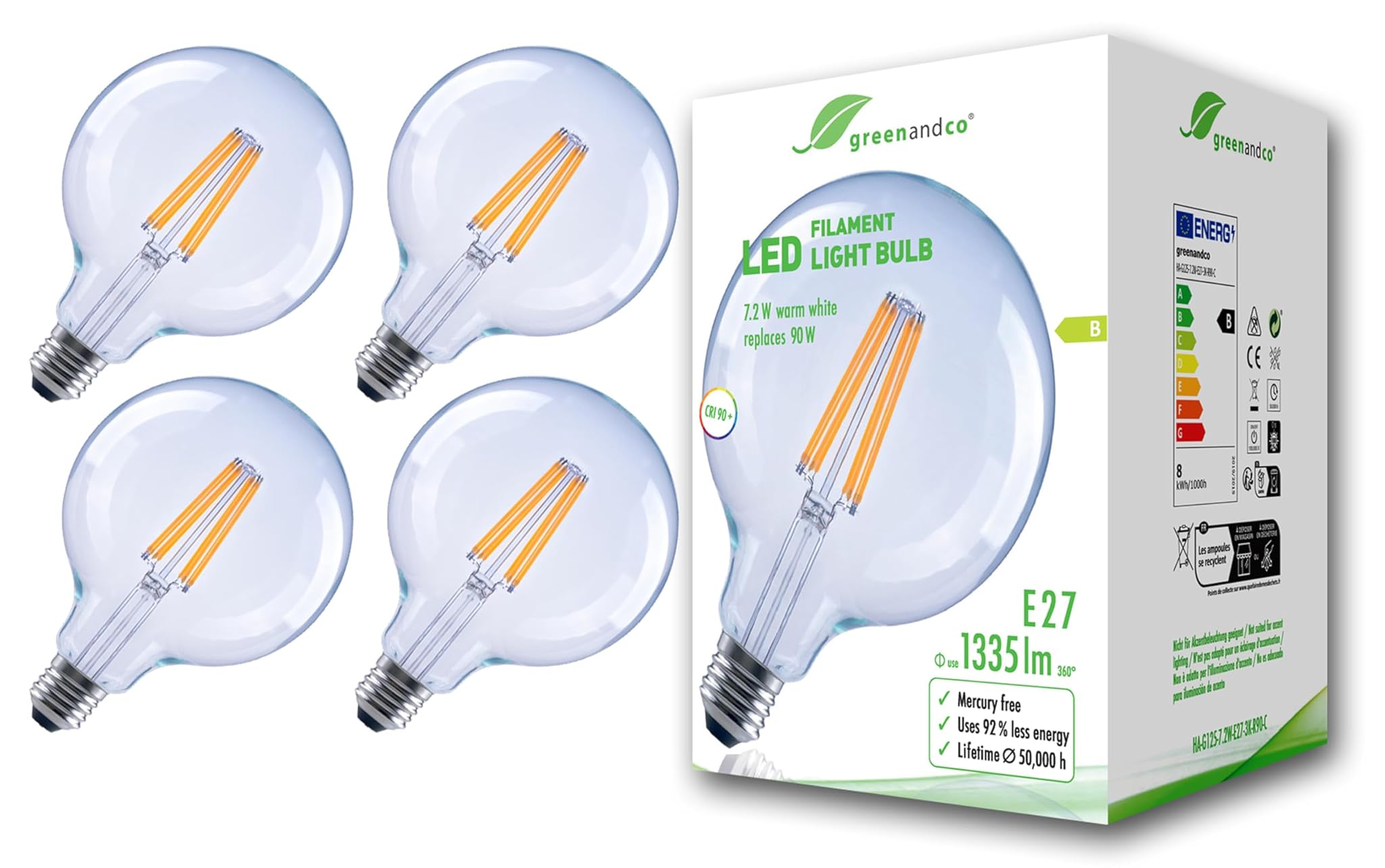 Greenandco 4 Lampadine Filamento LED E27 G125 7,2W