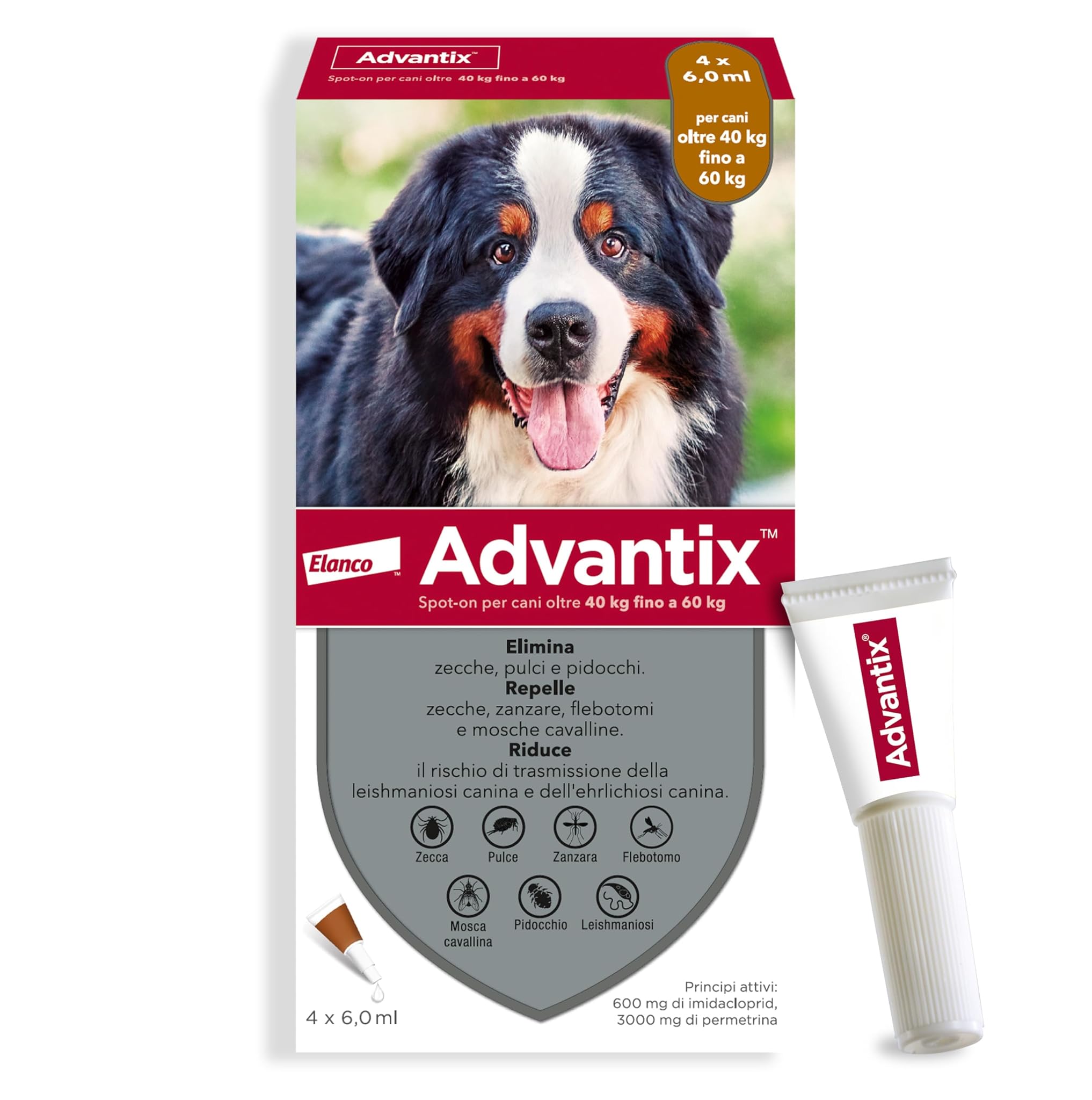 Advantix Spot on Cani antiparassitario Cane 4 tubetti 6,0ml, Elimina zecche, pulci, pidocchi e larve di pulce in casa. Protegge da zanzare, pappataci e rischio di leishmaniosi.