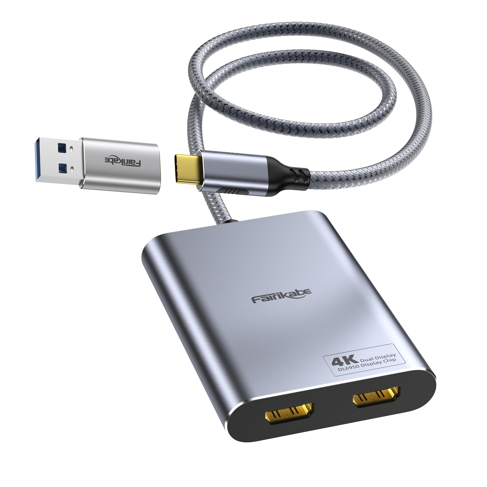Fairikabe USB C e USB 3.0 a Dual HDMI Splitter 4K60Hz
