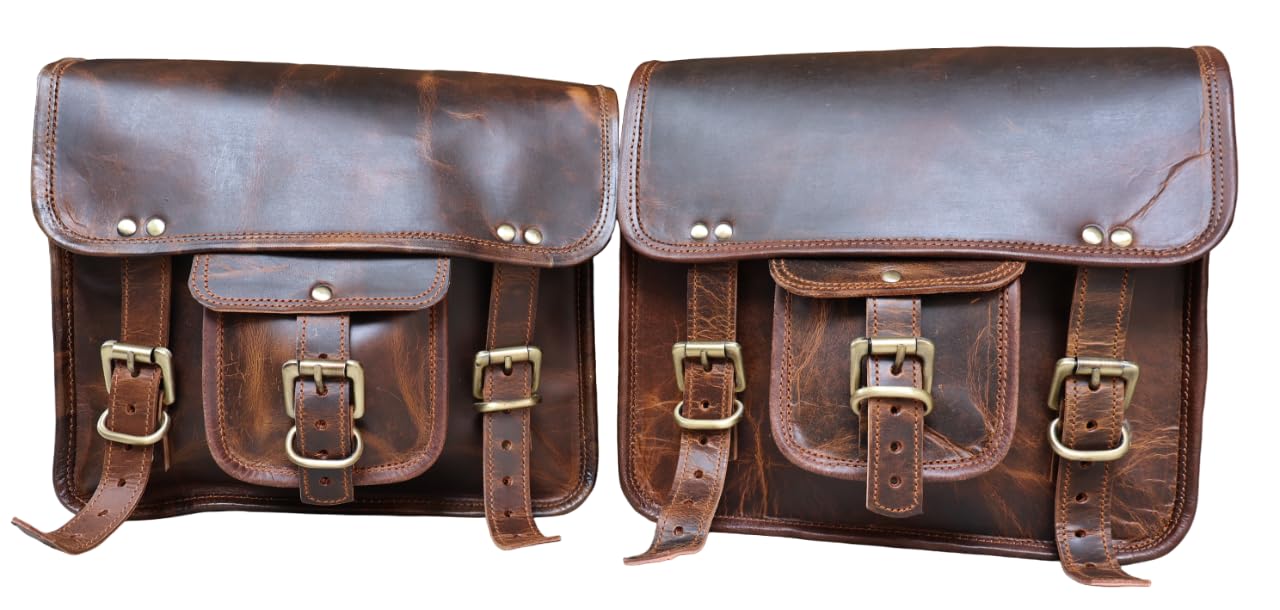 American Blue - 2 Borse da Sella Moto in Pelle Marrone