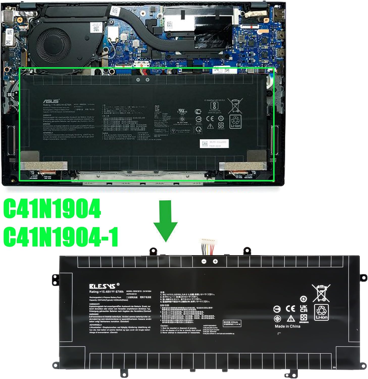 Blesys Batteria C41N1904 per Asus ZenBook 14 15.48V 67Wh - immagine 3