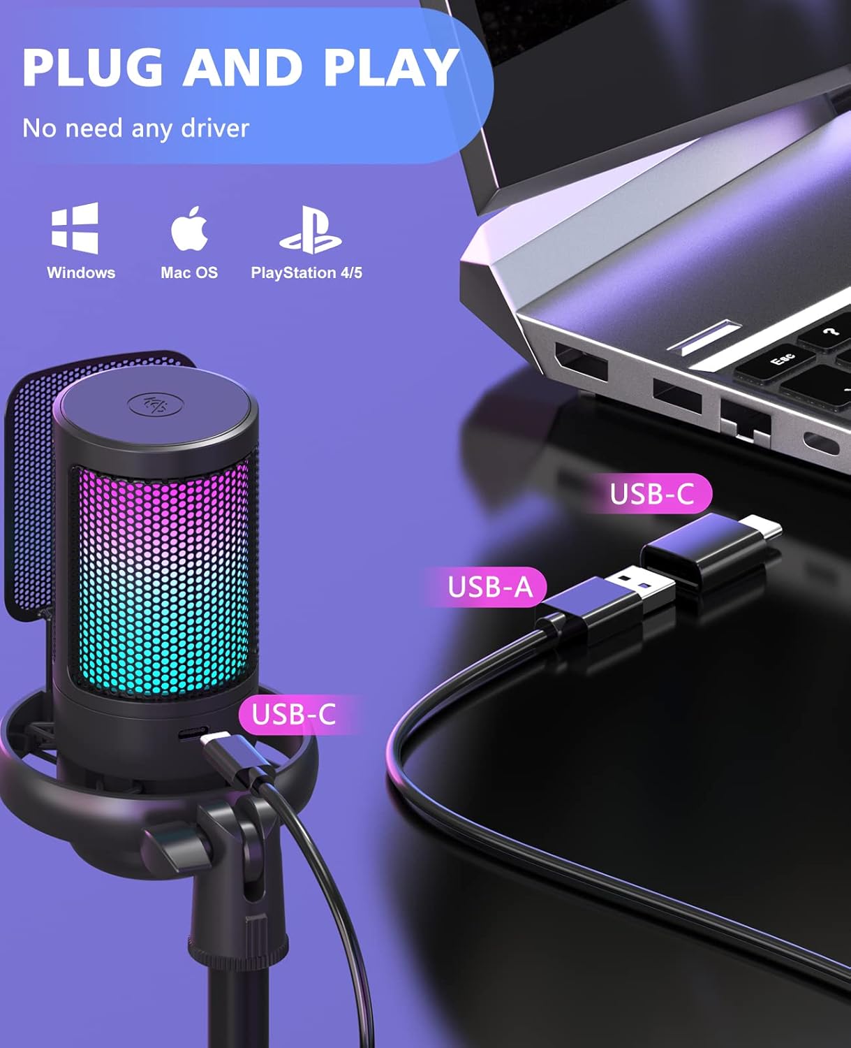 Njsj Microfono USB Gaming RGB per PC PS5 - immagine 6