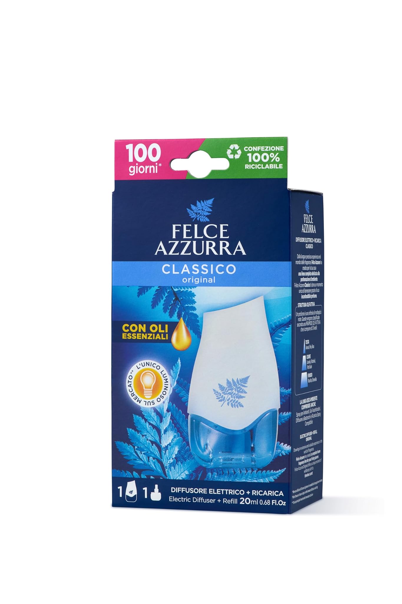 Felce Azzurra - Diffusore Elettrico Classico, Profumatore per Ambienti Luminoso e Fragranza Regolabile, Diffusore Profumo Ambiente per Atmosfera Soffusa a Lungo (75 Giorni), Diffusori Profumatori 20ml