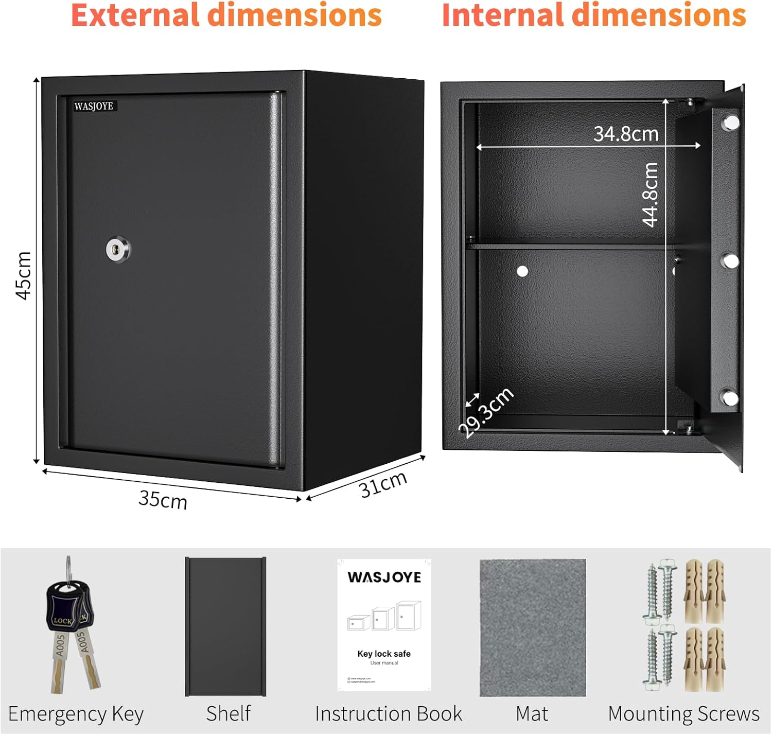 Wasjoye Cassaforte con Chiave 49L, 45x35x31CM - immagine 6