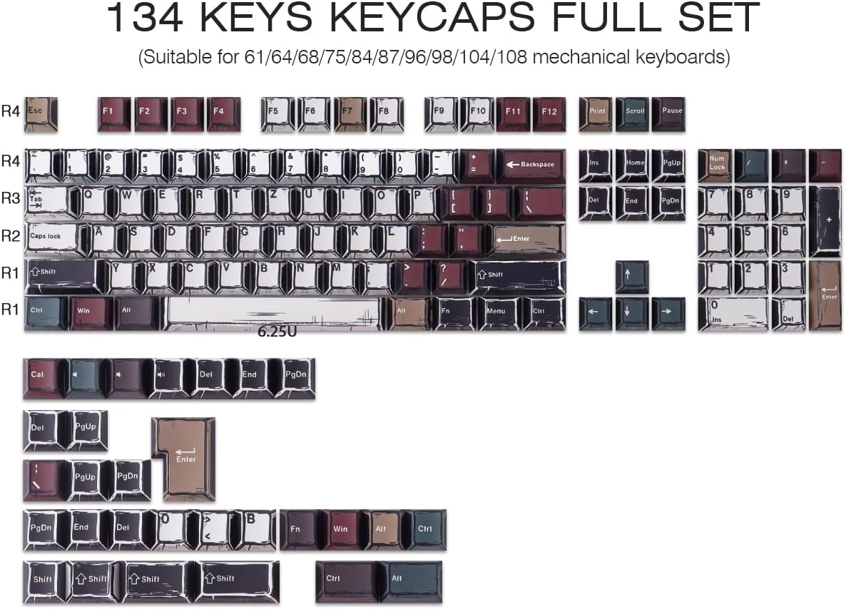 PBT Keycaps 134 Tasti Manga Mixed Light Retro Style - immagine 4